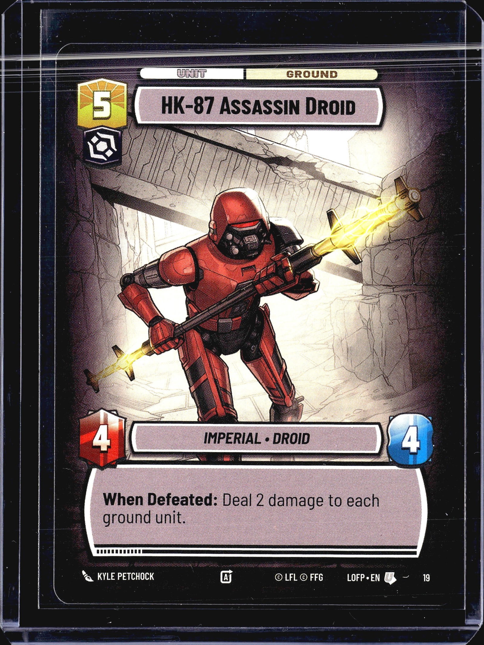 2024 Fantasy Flight Games Legends of the Force HK: This listing is for the HK-87 Assassin Droid unit card (#19) from the Star Wars Unlimited trading card game set Legends of the Force (LOFP). The card is classified as a Ground Unit with a cost of 5,