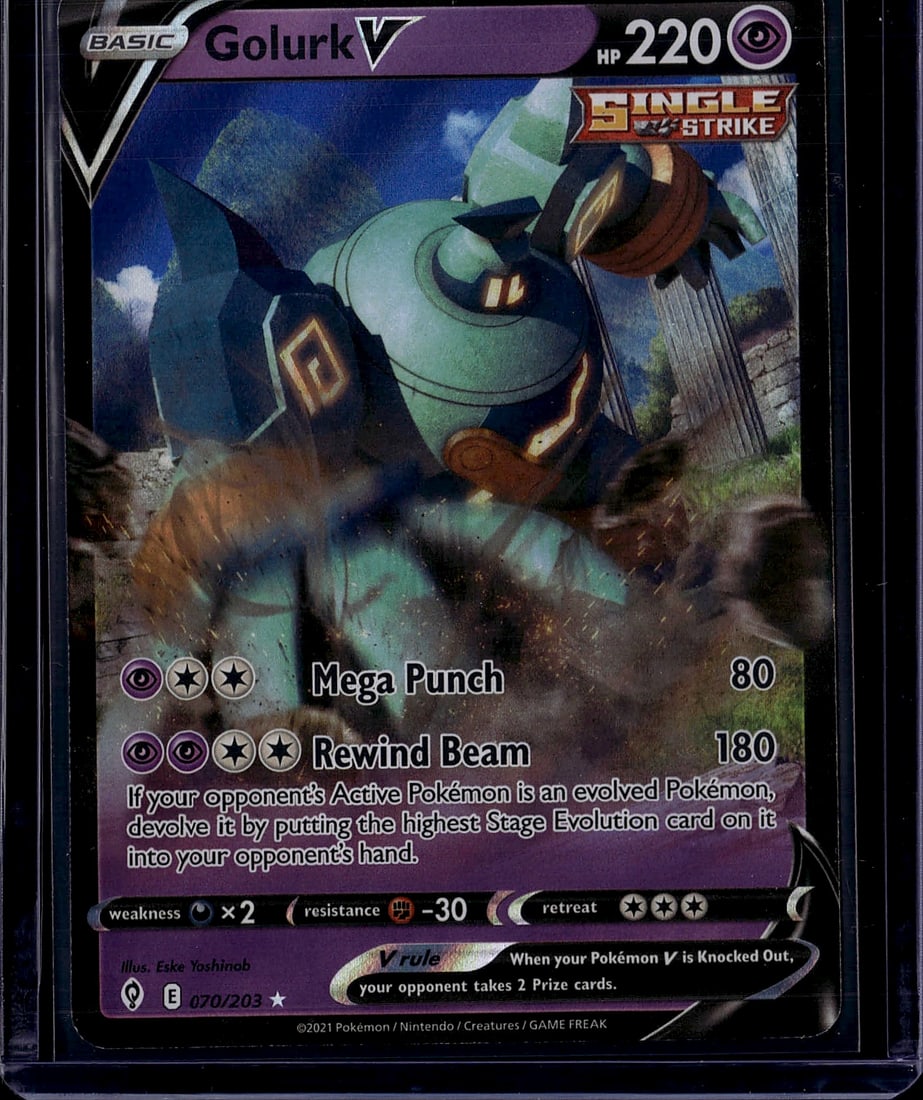 2021 Pokemon Evolving Skies Golurk V 070/203 Near: Golurk V is a Basic, Single Strike Psychic-type Pokemon V card from the SWSH07 Evolving Skies set, released in 2021. It has 220 HP and features two attacks: Mega Punch (80 damage) and Rewind Beam