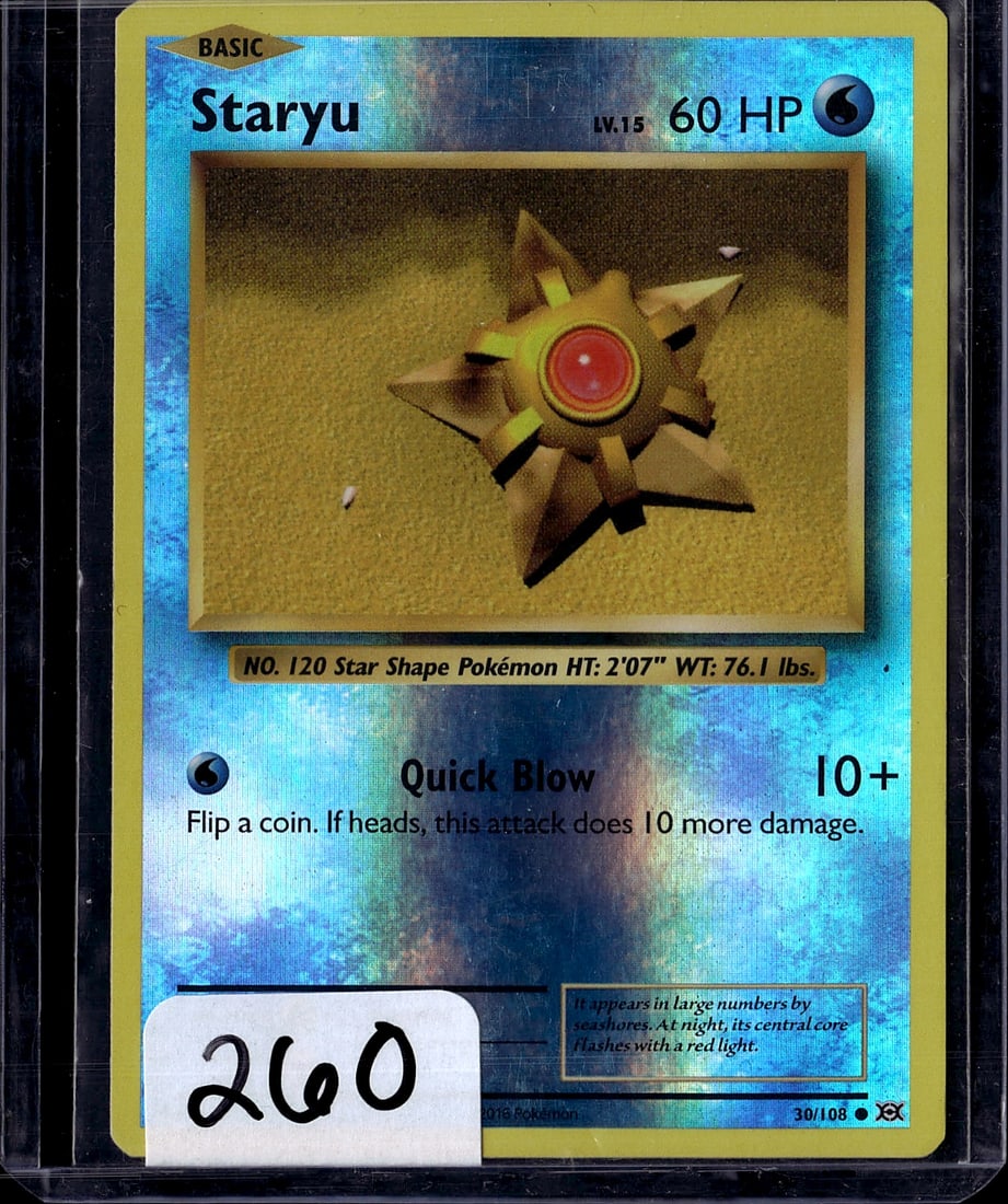1999 Wizards of the Coast Base Set Staryu 65/102: Staryu is a Water-type Basic Pokemon card from the 1999 English Pokemon Base Set, numbered 65/102, with 40 HP and classified as a Common. It was produced by Wizards of the Coast under license. Card #1