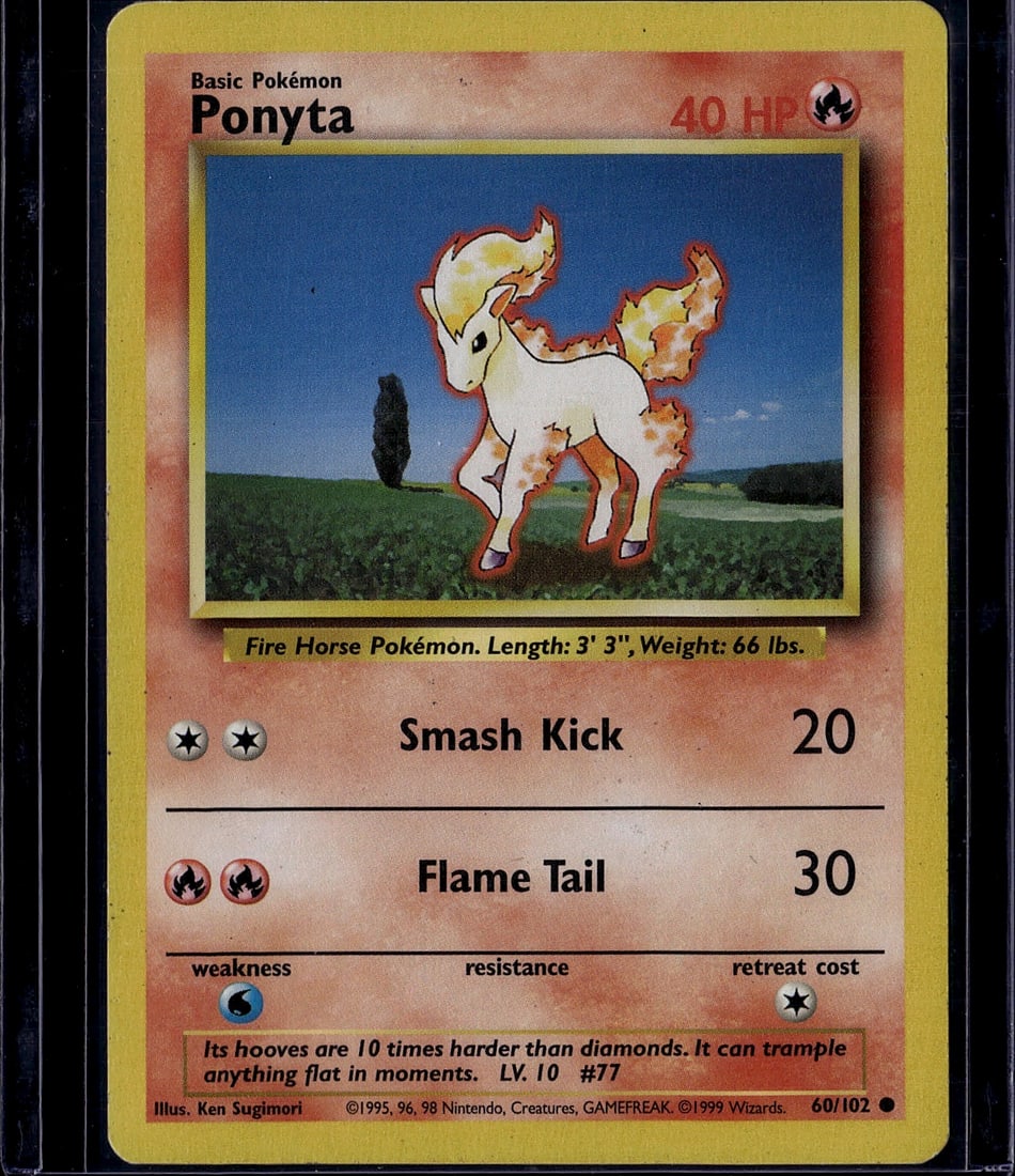 1999 Pokemon Base Set Ponyta 60/102 Wizards of th: Ponyta is a Common Fire-type Basic Pokemon card from the 1999 Pokemon Base Set, numbered 60/102. The illustration was done by Ken Sugimori and this is the first Ponyta card printed in English. Card #7
