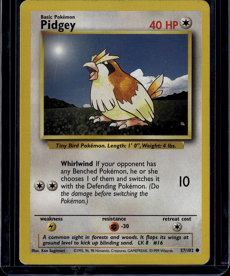 1999 Pokemon Base Set Pidgey #57/102 Card - Tiny: This is an authentic 1999 Pokemon Base Set Pidgey card (#57/102), featuring the iconic tiny bird Pokemon illustrated by Ken Sugimori. The card displays Pidgey in its natural habitat with excellent art