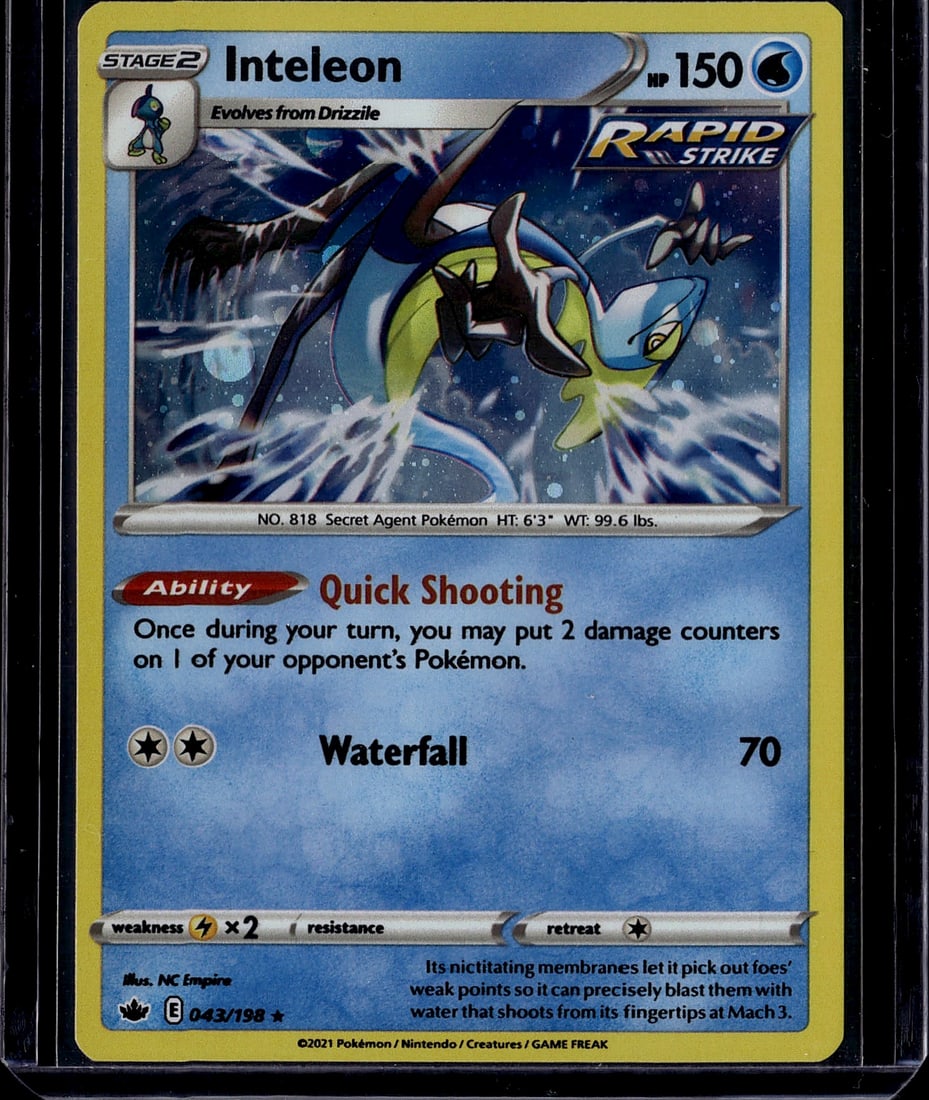 Inteleon 042/198 Sword & Shield Pokemon Card Stag: This is a raw Inteleon Stage 2 Pokemon card from the Sword & Shield series, card number 042/198. Inteleon is the Secret Agent Pokemon and evolves from Drizzile. The card features excellent artwork sho