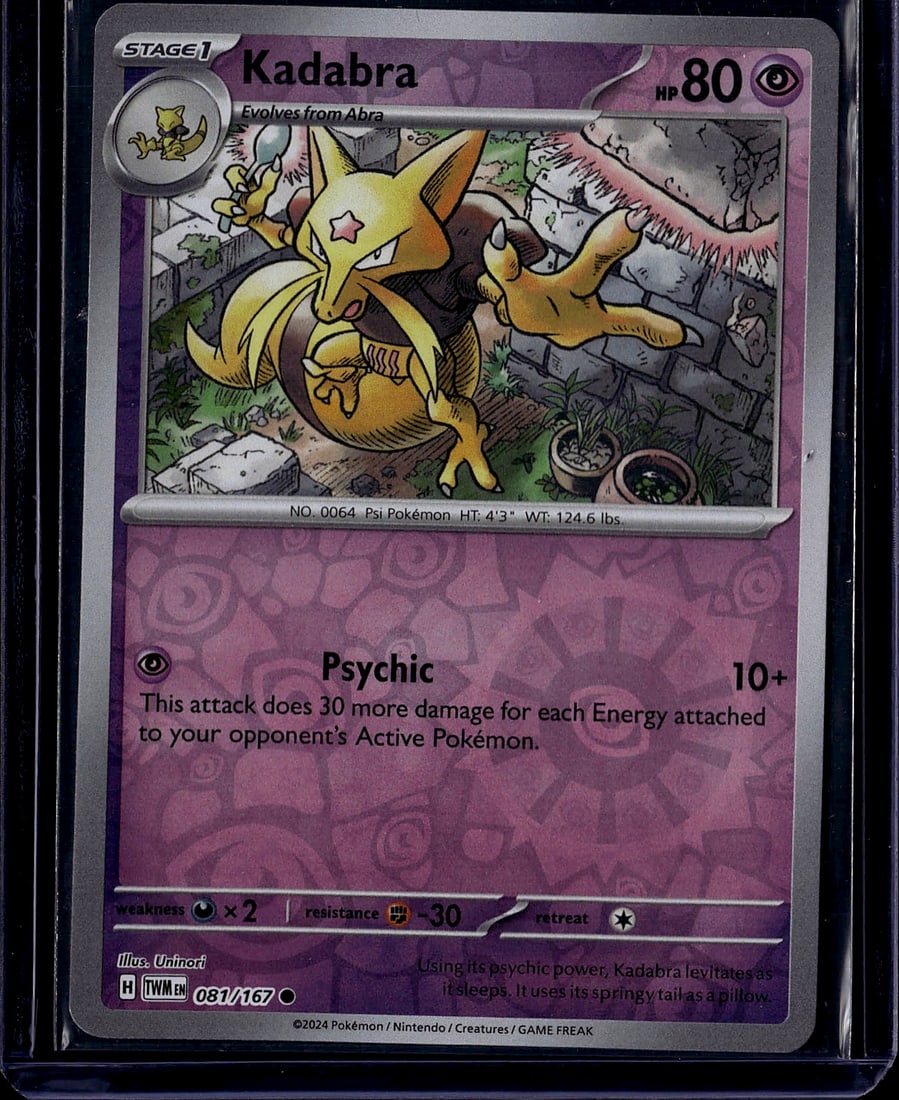 Kadabra 081/167 Scarlet Violet Pokemon Card Stage: This is a raw Kadabra Pokemon trading card from the 2024 Scarlet & Violet set, card number 081/167. Kadabra is a Stage 1 Psychic-type Pokemon that evolves from Abra, featuring 80 HP. The card showcase