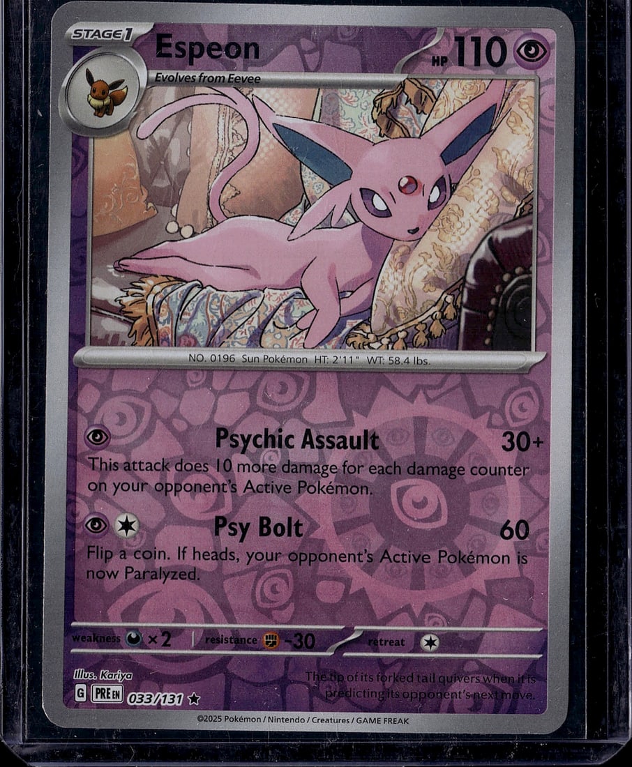 Espeon 033/137 Pokemon Sun Card Stage 1 Evolution: This is a raw Espeon Pokemon trading card from the Sun set, card number 033/137. Espeon is a Stage 1 Psychic-type Pokemon that evolves from Eevee, featuring 110 HP. The card showcases two attacks: