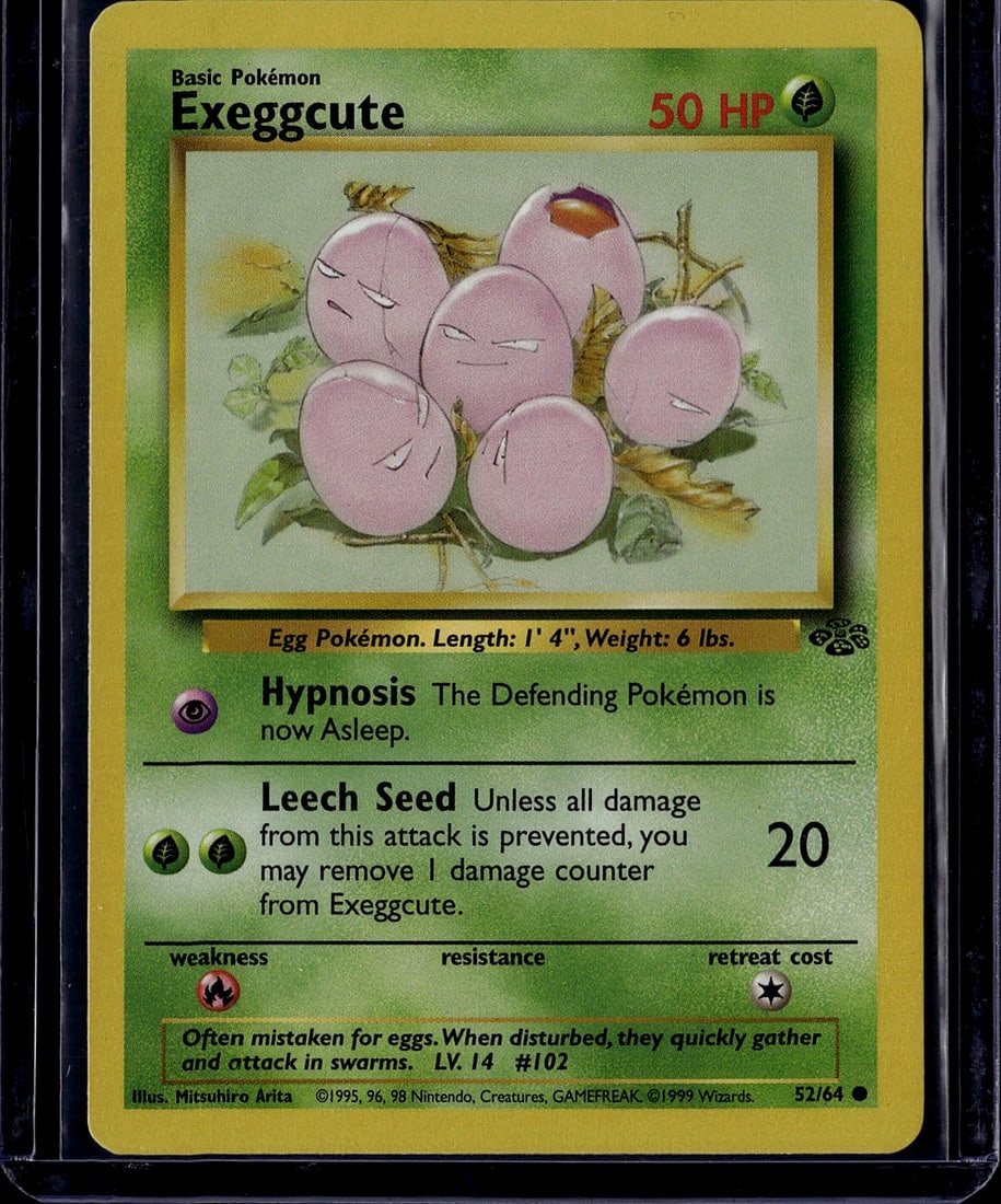 Exeggcute Base Set 52/64 Pokemon Card 1999 Near M: This is an authentic Exeggcute Pokemon Trading Card from the original Base Set, released in 1999 by The Pokemon Company. Card #52/64 features the classic egg Pokemon artwork illustrated by Mitsuhiro