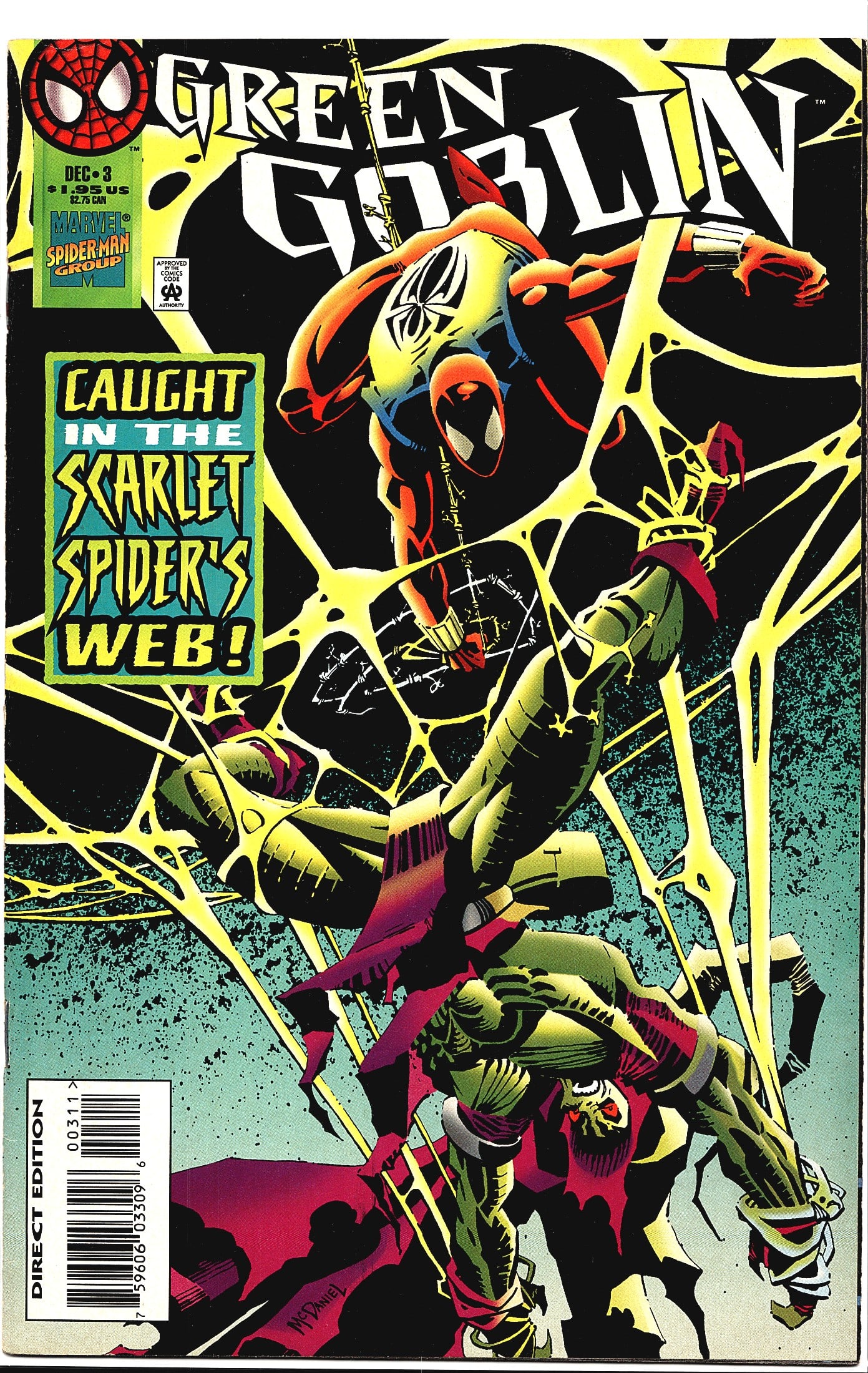 1995 Marvel Green Goblin #3 Caught in the Scarlet: This is issue #3 of Marvel Comics' Green Goblin series, cover-dated December 1995, published under the Spider-Man Group imprint. The cover features a dramatic confrontation between the Green Goblin an