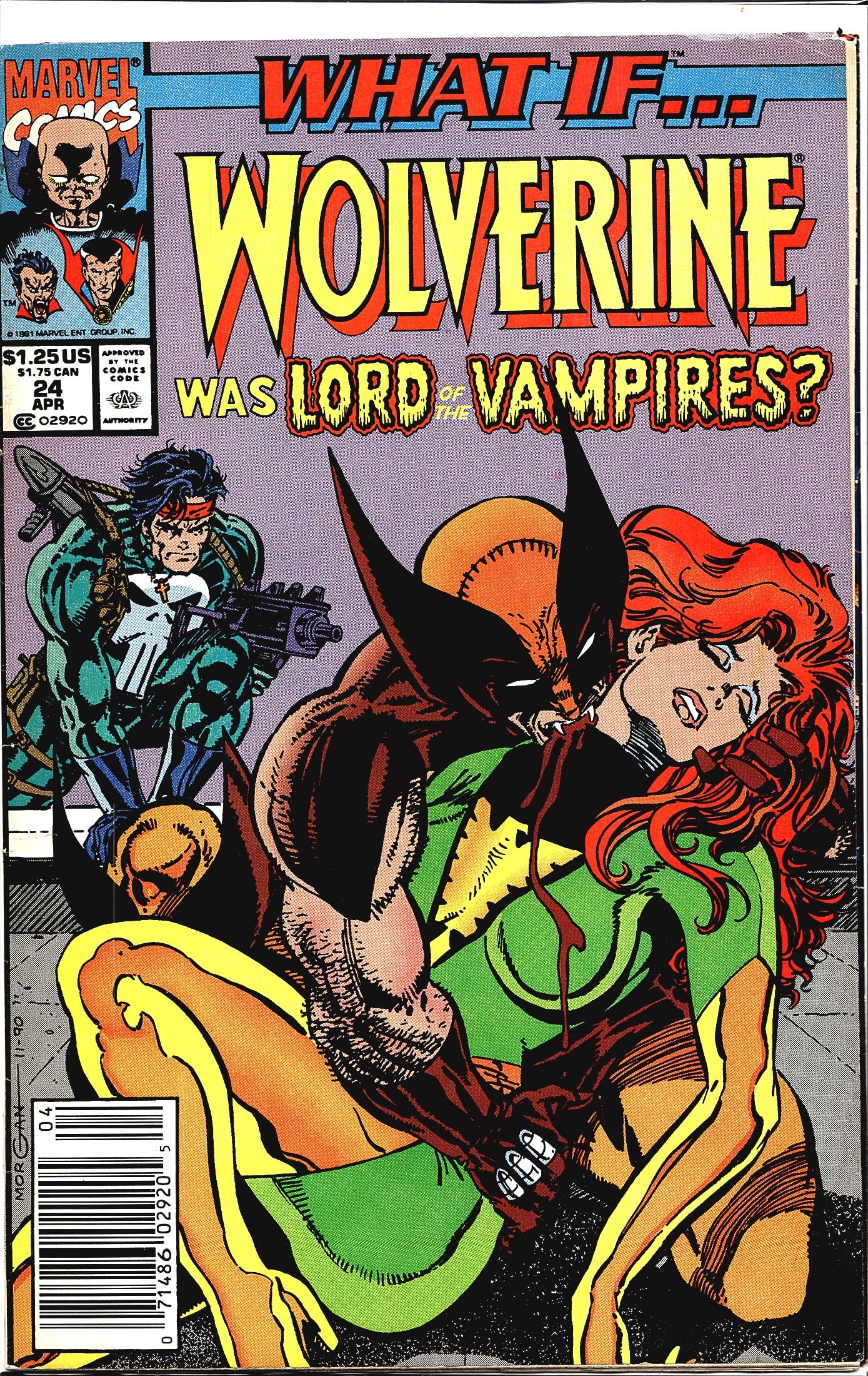 1991 Marvel What If...? #24 Wolverine Comic Card: This is Marvel Comics' What If...? issue #24, published in April 1991, featuring the alternate-universe story 'What If Wolverine Was Lord of the Vampires?' The cover art depicts a vampiric Wolverine b