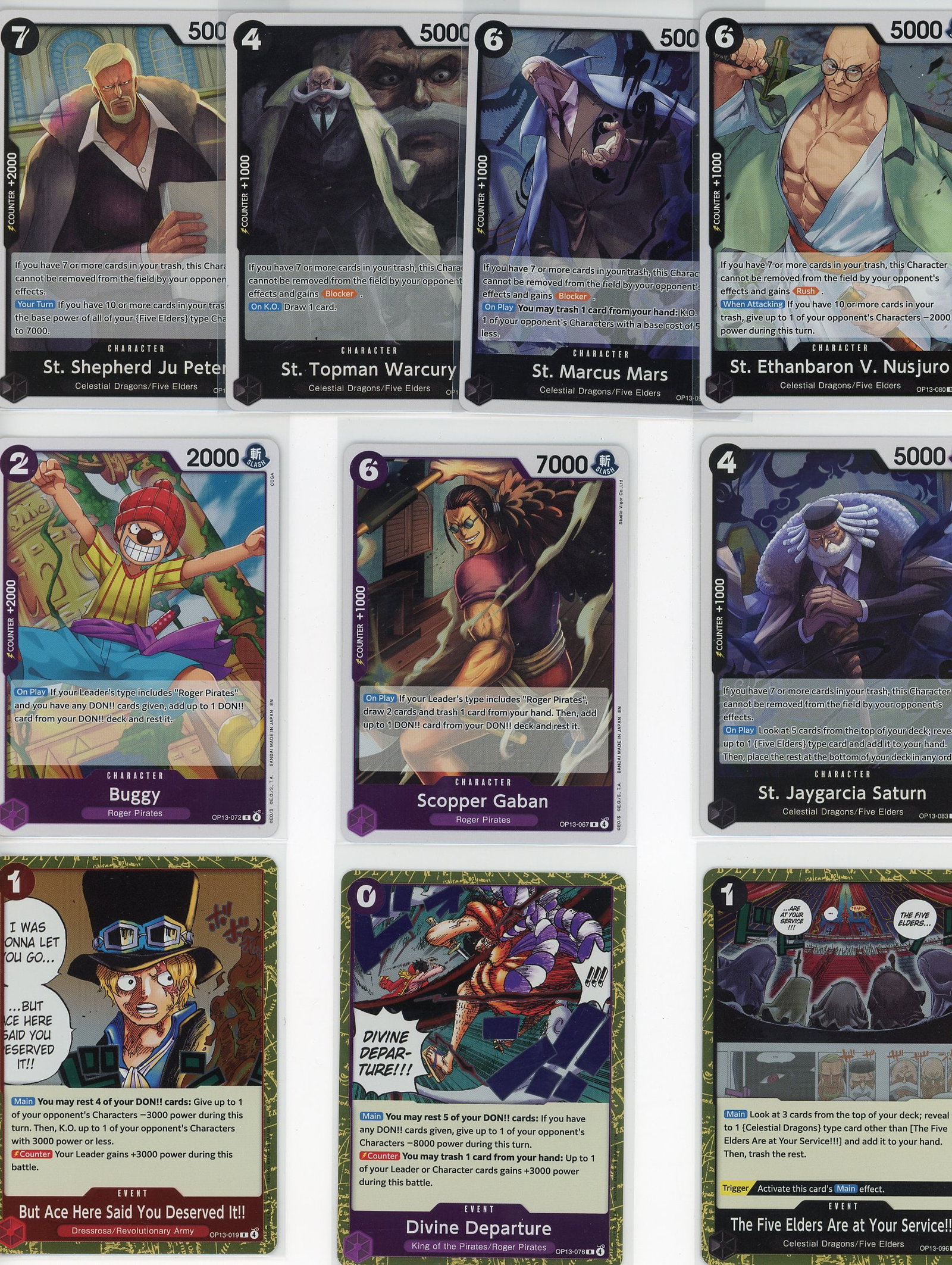 Lot of 10 One Piece Foil Trading Cards - Celestia: This lot contains 10 One Piece Trading Card Game foil cards featuring iconic characters and events from the series. The collection includes Character cards such as St. Shepherd Ju Peter, St. Topman