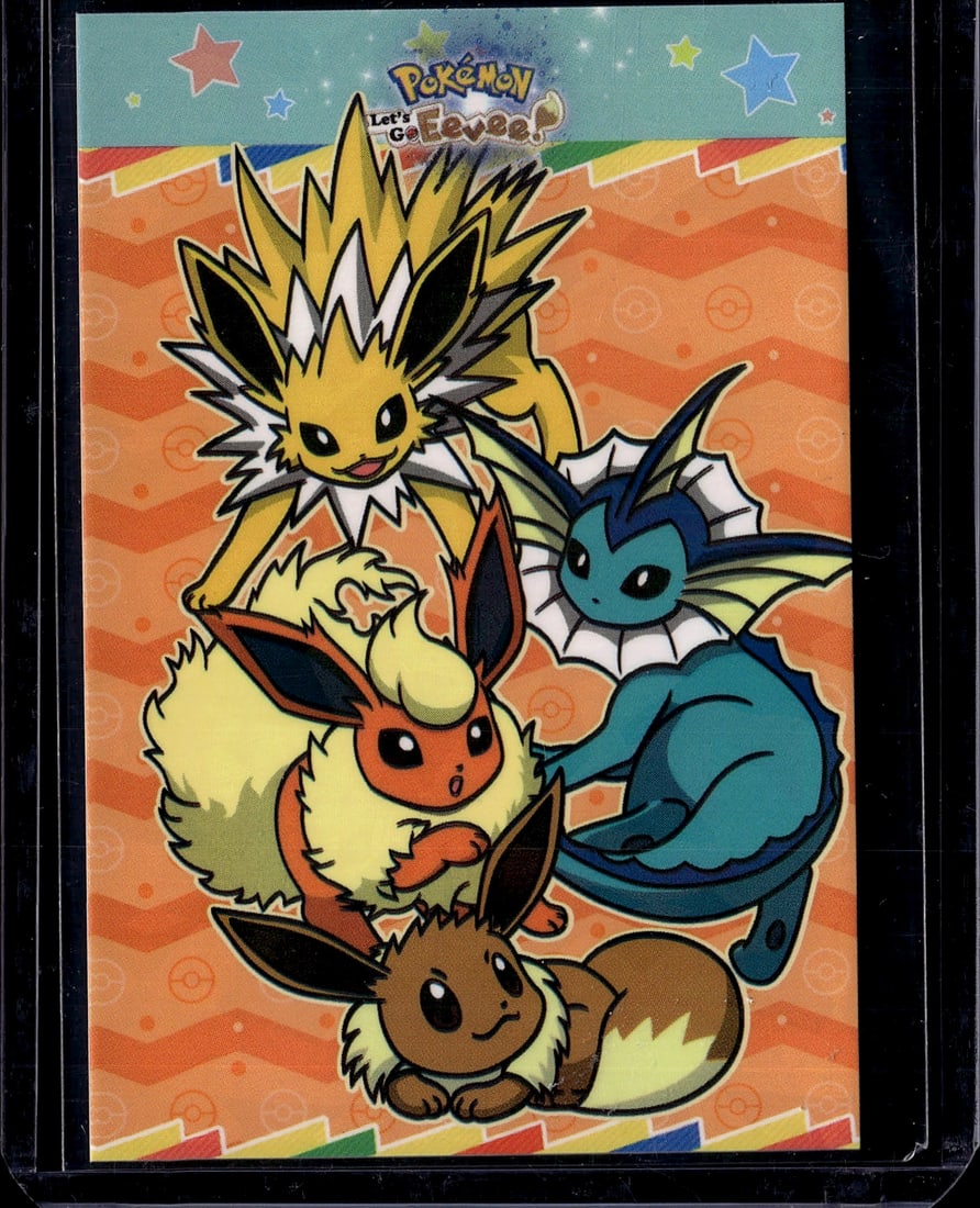 2025 Let's Go Eevee Card Database Eevee Jolteon F: A fan-made/indie Pokemon card set produced by a third-party seller (not an official Pokemon Company product), featuring Eevee and its Eeveelutions with a cracked ice holo finish. This 4-card subset