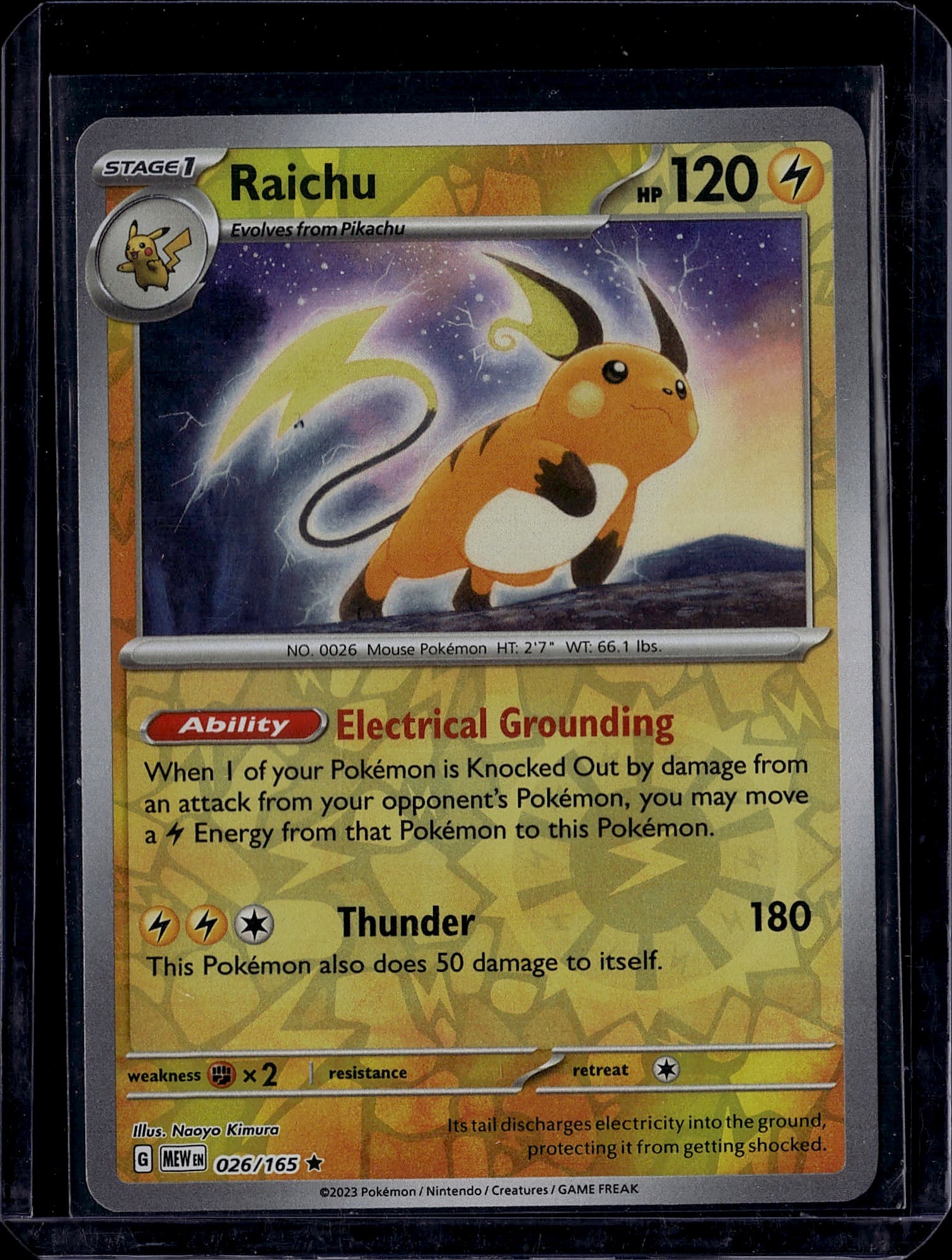 Raichu 026/165 Scarlet & Violet Pokemon Card Sing: This is a raw Raichu Pokemon card from the Scarlet & Violet set, card number 026/165. Raichu is a Stage 1 Electric-type Pokemon that evolves from Pikachu and features 120 HP. The card showcases vibran