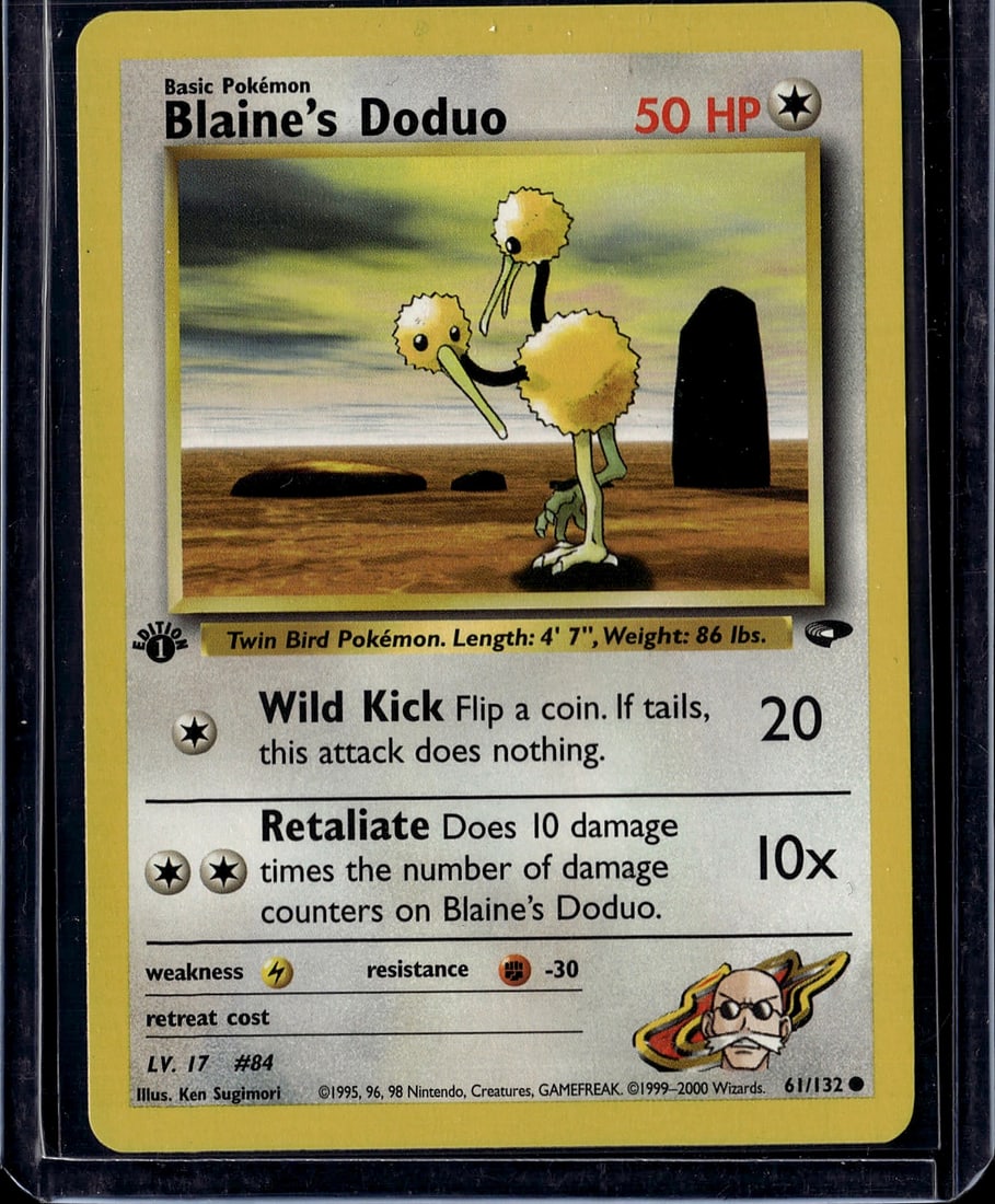 Blaine's Doduo 61/132 Gym Heroes 1999 Pokemon Car: This is an ungraded raw copy of Blaine's Doduo from the 1999 Pokemon Trading Card Game Gym Heroes expansion set, card number 61/132. The card features the iconic Twin Bird Pokemon with 50 HP and is il