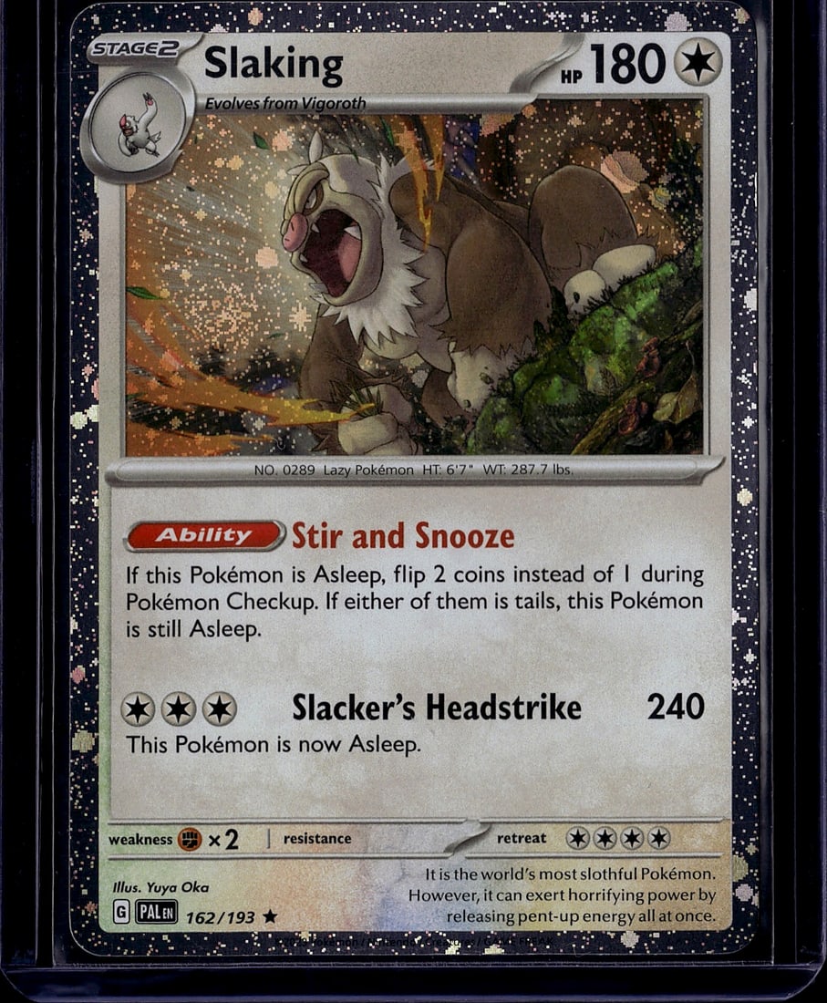 2023 Pokemon Scarlet Violet Paldea Evolved Slakin: Slaking 162/193 is a Rare Holo Stage 2 Colorless-type Pokemon card from the Scarlet & Violet - Paldea Evolved expansion (SV02), released June 9, 2023. The card features 180 HP, the 'Stir and Snooze'