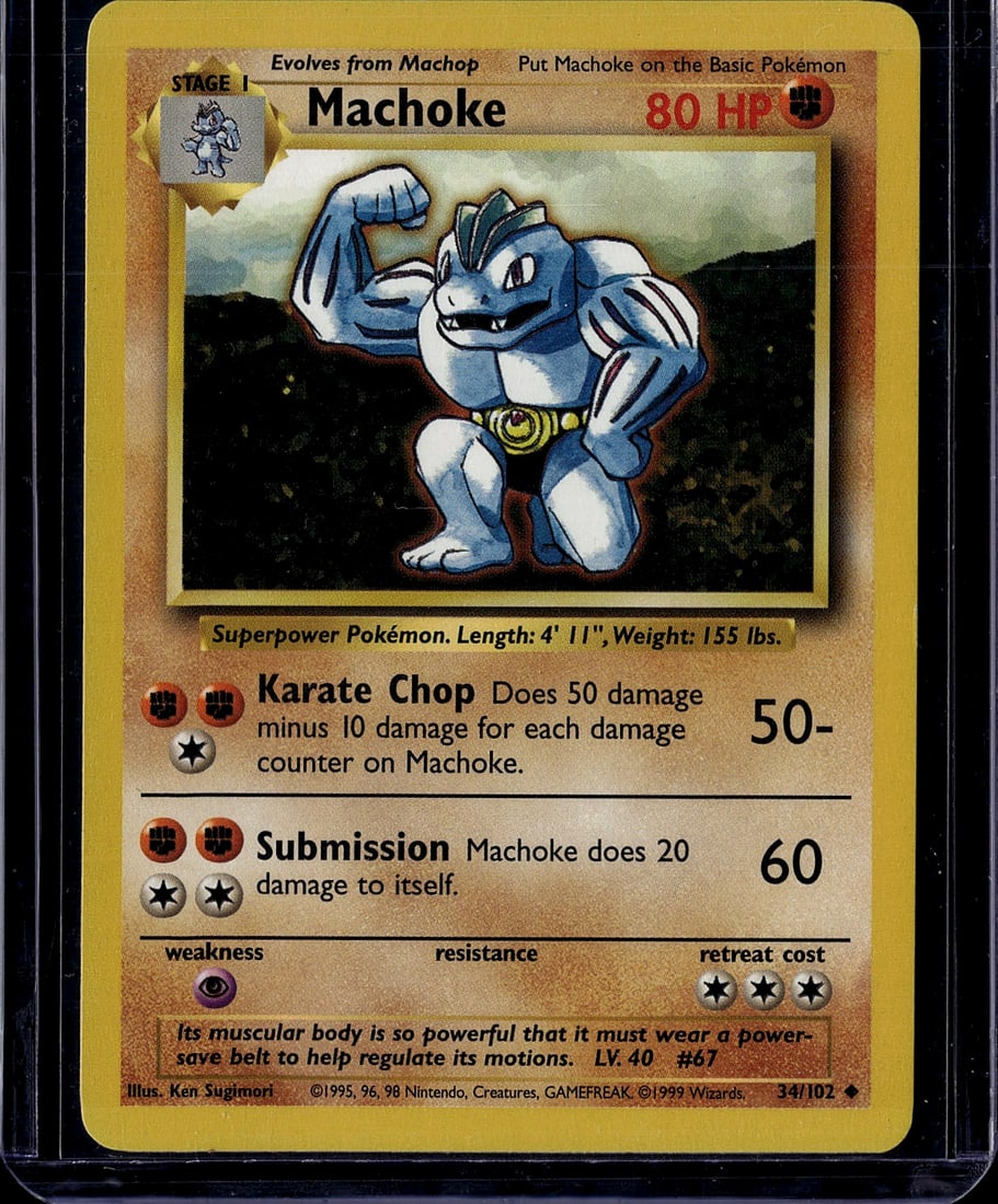1999 Pokemon Base Set Machoke 34/102 Wizards of t: Machoke is a Fighting-type Stage 1 Uncommon card from the 1999 Pokemon Base Set, card #34/102 out of 102. It features 80 HP, the Karate Chop and Submission attacks, a Psychic weakness, and artwork by 