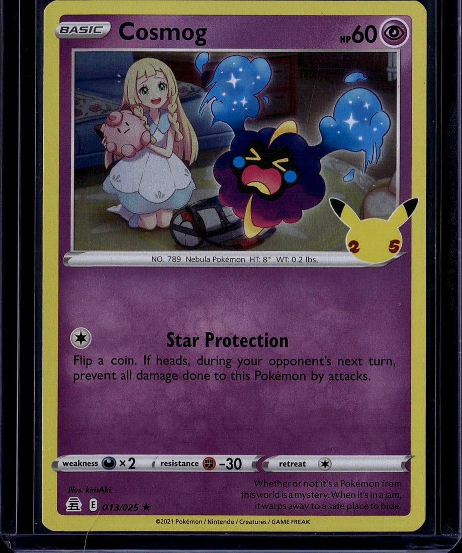 2021 Pokemon Celebrations Cosmog 013/025 Near Min: This is a 2021 Pokemon Trading Card Game Cosmog card (No. 789 Nebula Pokemon) numbered 013/025 from the set. The card features vibrant artwork depicting Cosmog with an anime-style trainer character