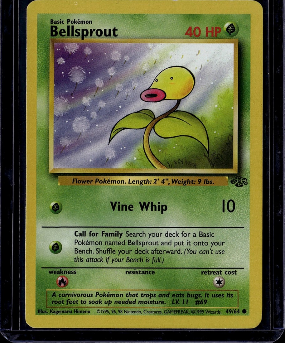 Bellsprout 49/64 Base Set Pokemon Card 1999 Wizar: This is an authentic Bellsprout Pokemon Trading Card from the legendary 1999 Base Set, produced by Wizards of the Coast. Card #49/64 features the classic grass-type Flower Pokemon with its iconic bell