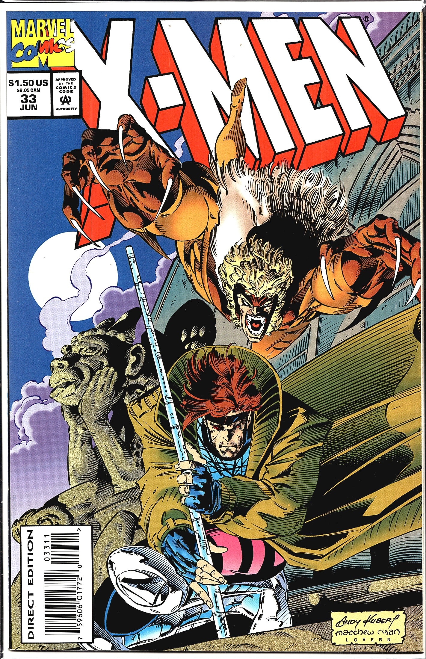 1995 Marvel Comics X-Men #33 Comic Book: X-Men #33 published by Marvel Comics, cover dated June 1994, priced at $1.50 US / $2.05 Canadian. This is the Direct Edition printing, as indicated by the barcode and 'Direct Edition' label on the