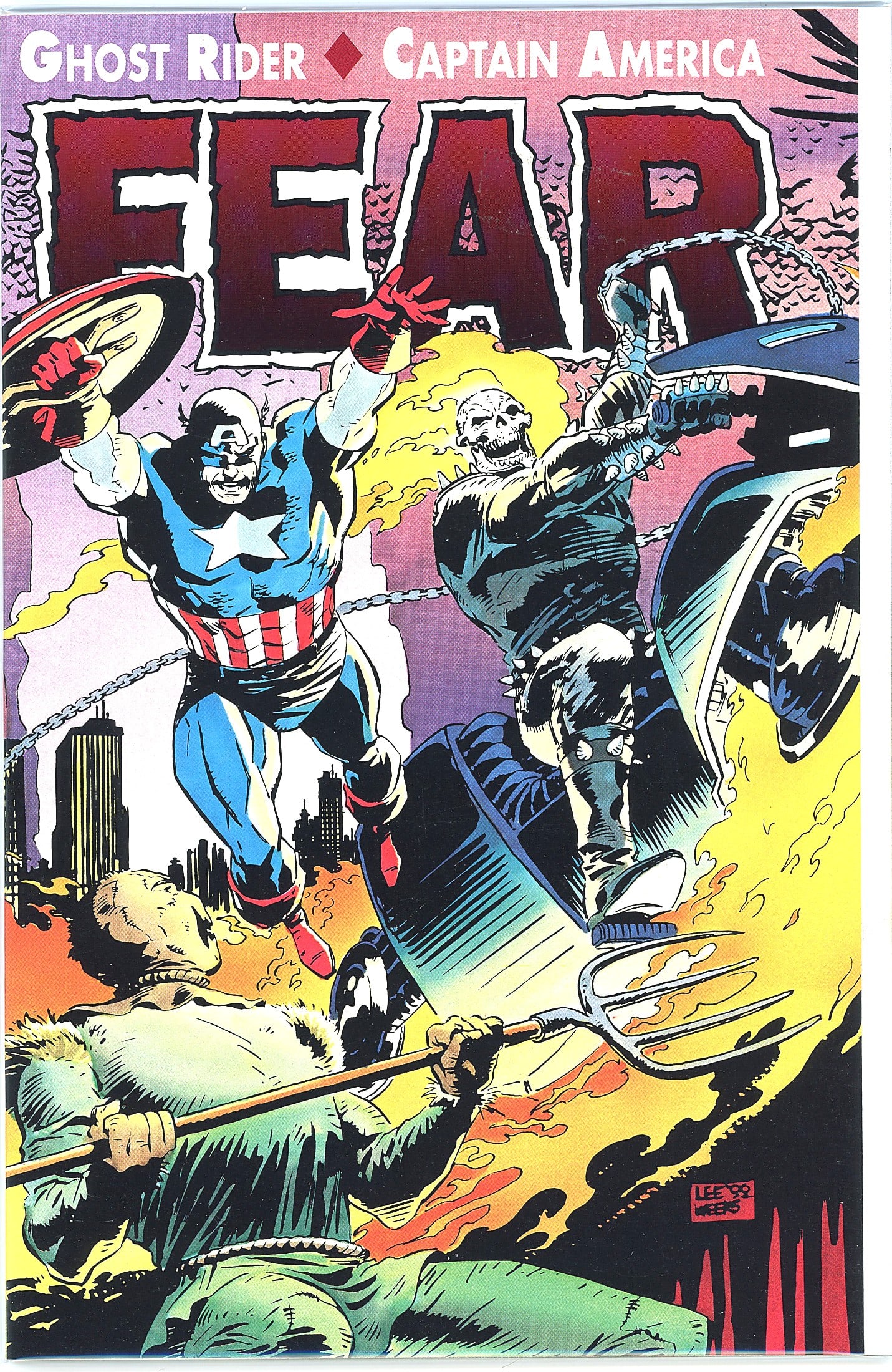 1992 Marvel Ghost Rider Captain America Fear #1 C: This is the 1992 Marvel Comics one-shot crossover titled 'Ghost Rider / Captain America: Fear,' featuring both Ghost Rider and Captain America prominently on the cover. The cover art, signed by Lee an