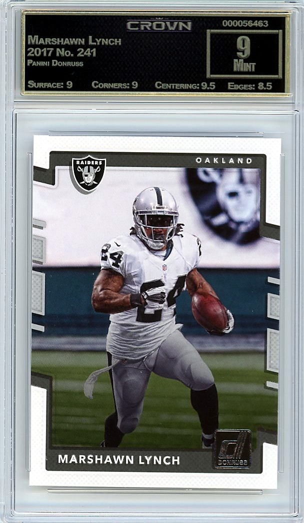 2017 Panini Donruss Marshawn Lynch #241 Crown 9 M: This is a 2017 Panini Donruss Marshawn Lynch card, card number 241. It's a professionally graded slab certified by Crown Grading at a grade of 9, indicating Mint condition. The card has been