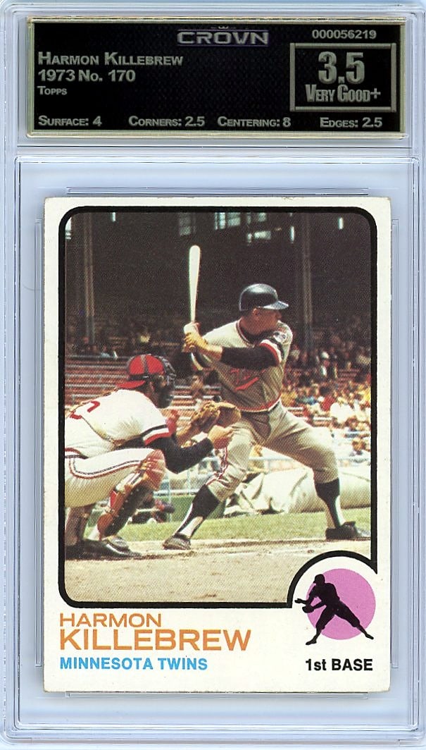 1973 Topps Harmon Killebrew #170 Crown 3.5 Graded: This is a 1973 Topps Harmon Killebrew card, card number 170. It comes professionally graded and slabbed by Crown Grading Company, providing independent verification of its authenticity and condition.