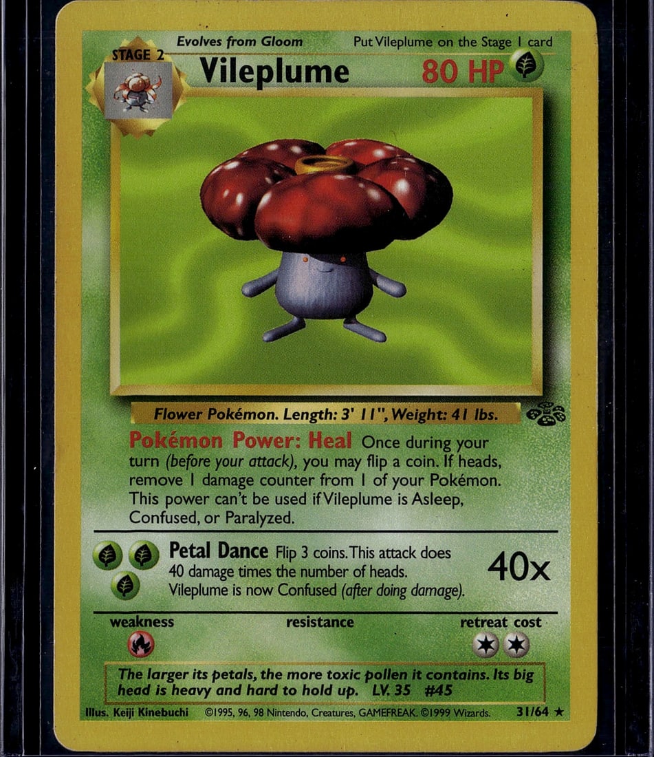 Vileplume Stage 2 Base Set 31/64 Pokemon Card 199: This is an original Vileplume Stage 2 Pokemon card from the 1999 Base Set, card number 31/64. Vileplume is a Grass-type Flower Pokemon that evolves from Gloom, featuring the iconic Heal Pokemon Power