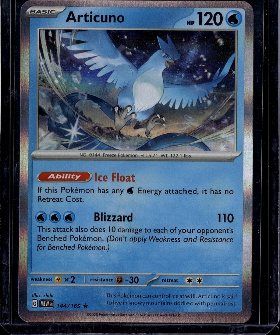 Articuno 144/165 Scarlet & Violet Pokemon Card -: This is a raw Articuno Pokemon card from the Scarlet & Violet set, card number 144/165. Articuno is the legendary Freeze Pokemon with 120 HP and features the Ice Float ability, which eliminates retrea