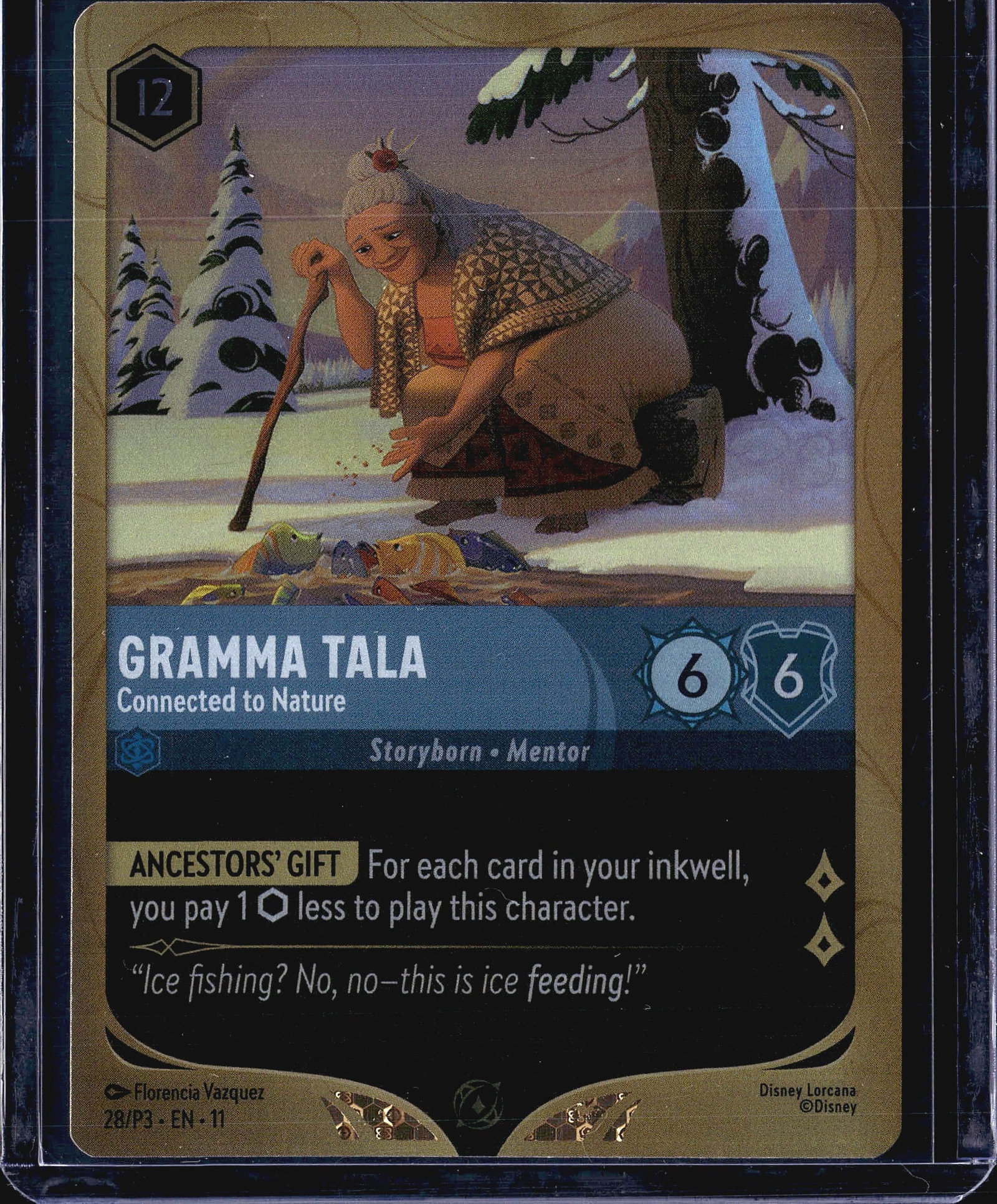 2023 Disney Lorcana Promo Gramma Tala 28/P3 Colle: This listing features Gramma Tala - Connected to Nature, card number 28/P3 from the Disney Lorcana trading card game, a promotional release identified by the P3 set code and EN-11 print designation. T