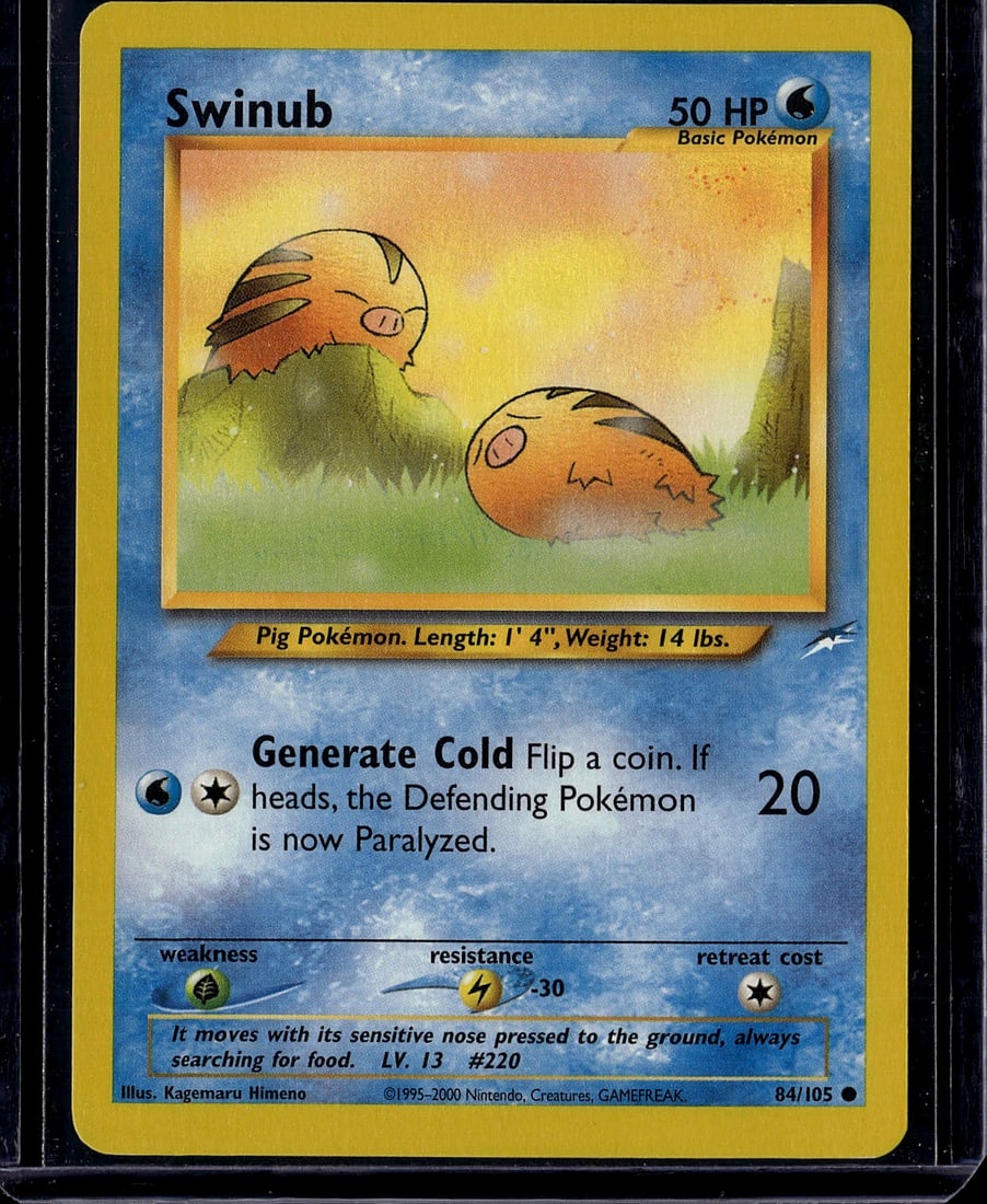 Swinub 84/105 Neo Genesis Pokemon Card - Vintage: This is a vintage Swinub Pokemon card from the Neo Genesis set, card #84/105, released in 2000 by Nintendo/The Pokemon Company. Swinub is a Basic Water-type Pig Pokemon with 50 HP, featuring the