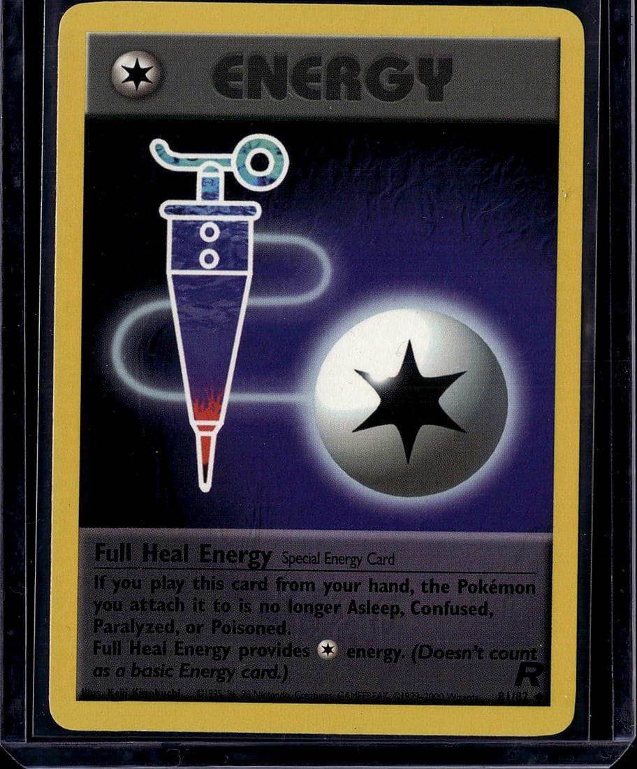 Full Heal Energy Neo Genesis 81/111 Pokemon Card: This is a Full Heal Energy Special Energy Card from the Neo Genesis set, released in 2000. The card features the iconic Pokemon energy symbol design with detailed artwork of a healing instrument and m