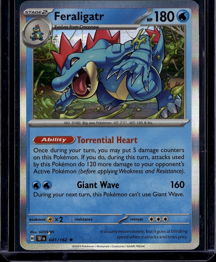 Feraligatr 041/162 Stage 2 Pokemon TCG Scarlet Vi: This is a raw Feraligatr Stage 2 Pokemon Trading Card Game single from the Scarlet & Violet set, card number 041/162. Feraligatr is a Big Jaw Pokemon with 180 HP and a Water-type, evolving from Crocon