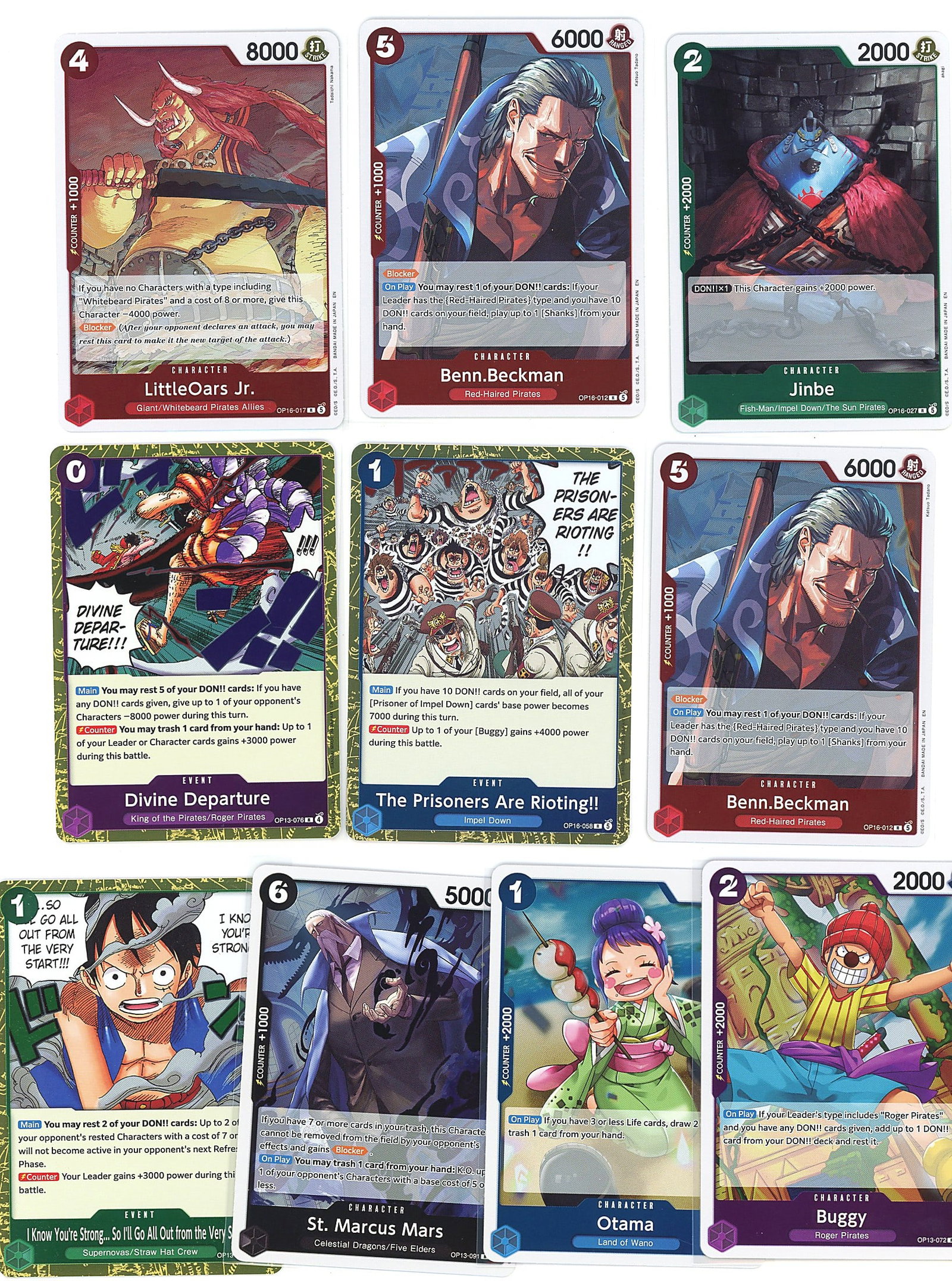 10-Card Lot Modern Holo One Piece Trading Cards T: This lot contains 10 raw holographic One Piece trading cards from the Bandai TCG. The cards feature character and event artwork printed across multiple card types with foil finishes visible throughout