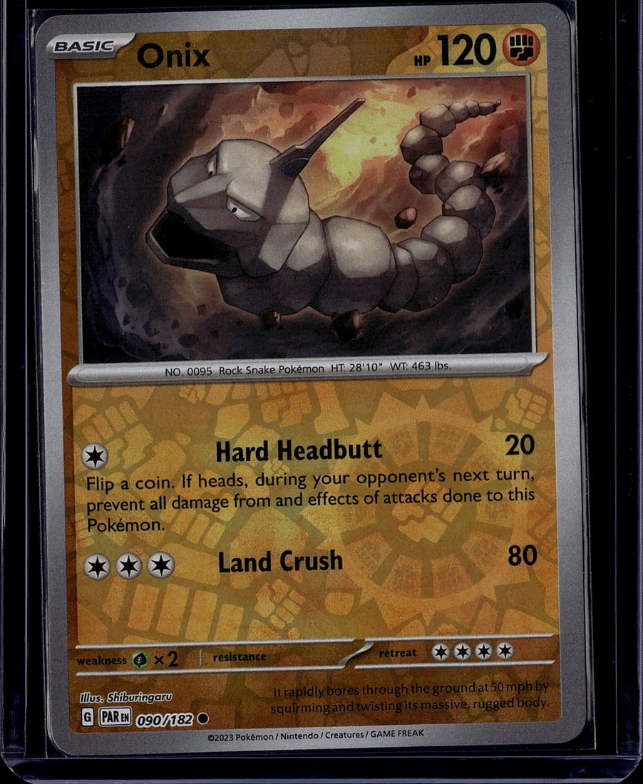 2023 Pokemon Scarlet Violet Onix 090/182 Rock Sna: This is a 2023 Pokemon Trading Card Game Scarlet & Violet series Onix card, number 090/182. Onix is a Rock/Ground-type Rock Snake Pokemon featured in this Base Set release. The card displays