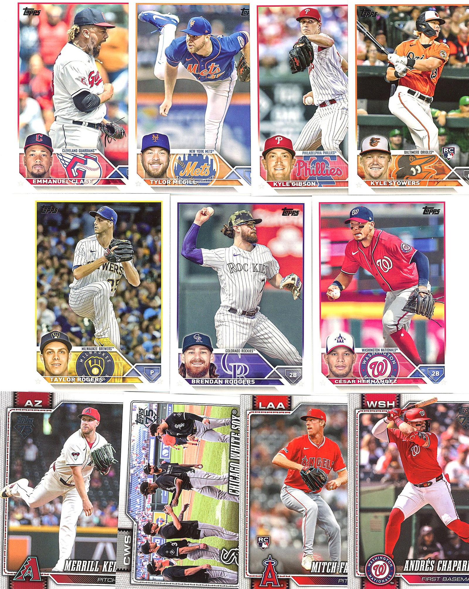 12-Card Lot Modern Topps Baseball Sports Cards: This lot contains 12 modern Topps baseball trading cards featuring players from multiple MLB teams including the Cleveland Guardians, New York Mets, Philadelphia Phillies, Baltimore Orioles, Milwaukee