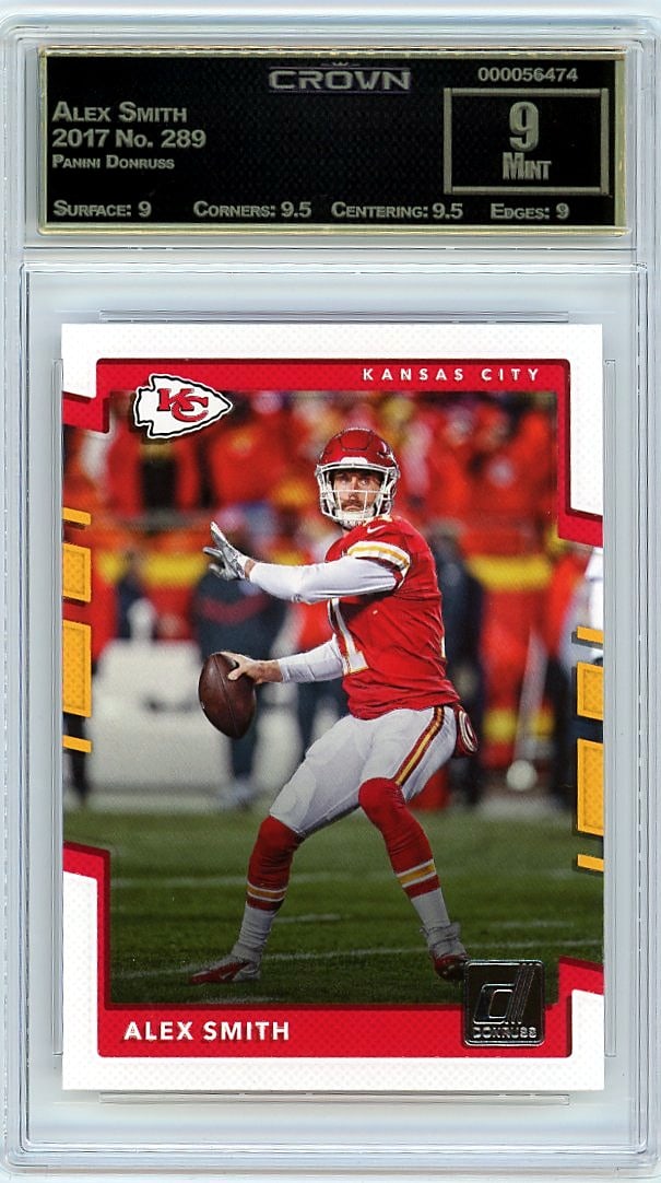 2017 Alex Smith Panini Donruss #289 Crown 9 Mint: This is a 2017 Alex Smith card from the Panini Donruss set, card number 289. It has been professionally graded and encased in a protective slab by Crown, one of the leading third-party grading compani