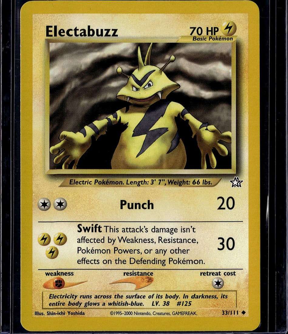 Electabuzz Base Set 33/111 Pokemon Card 2000 Vint: This is a raw vintage Electabuzz Pokemon card from the Base Set, card number 33/111, published in 2000. The card features the iconic electric-type Pokemon with its distinctive yellow body and black li