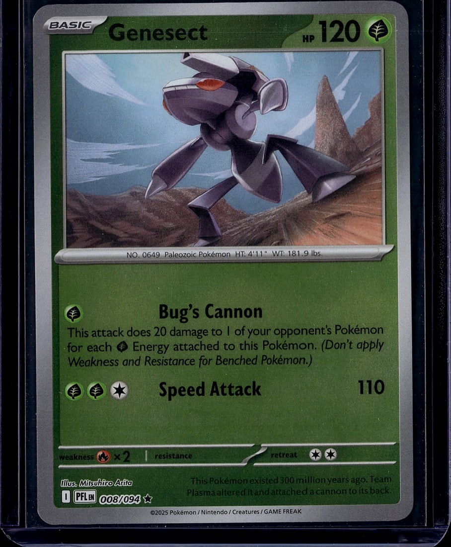Pokemon 2025 Genesect Scarlet Violet Mega Evoluti: Genesect 008/094 is a Basic Grass-type Rare from the Scarlet & Violet: Mega Evolution - Phantasmal Flames set, released November 14, 2025. Its attack deals 20 damage to one of the opponent's Pokemon