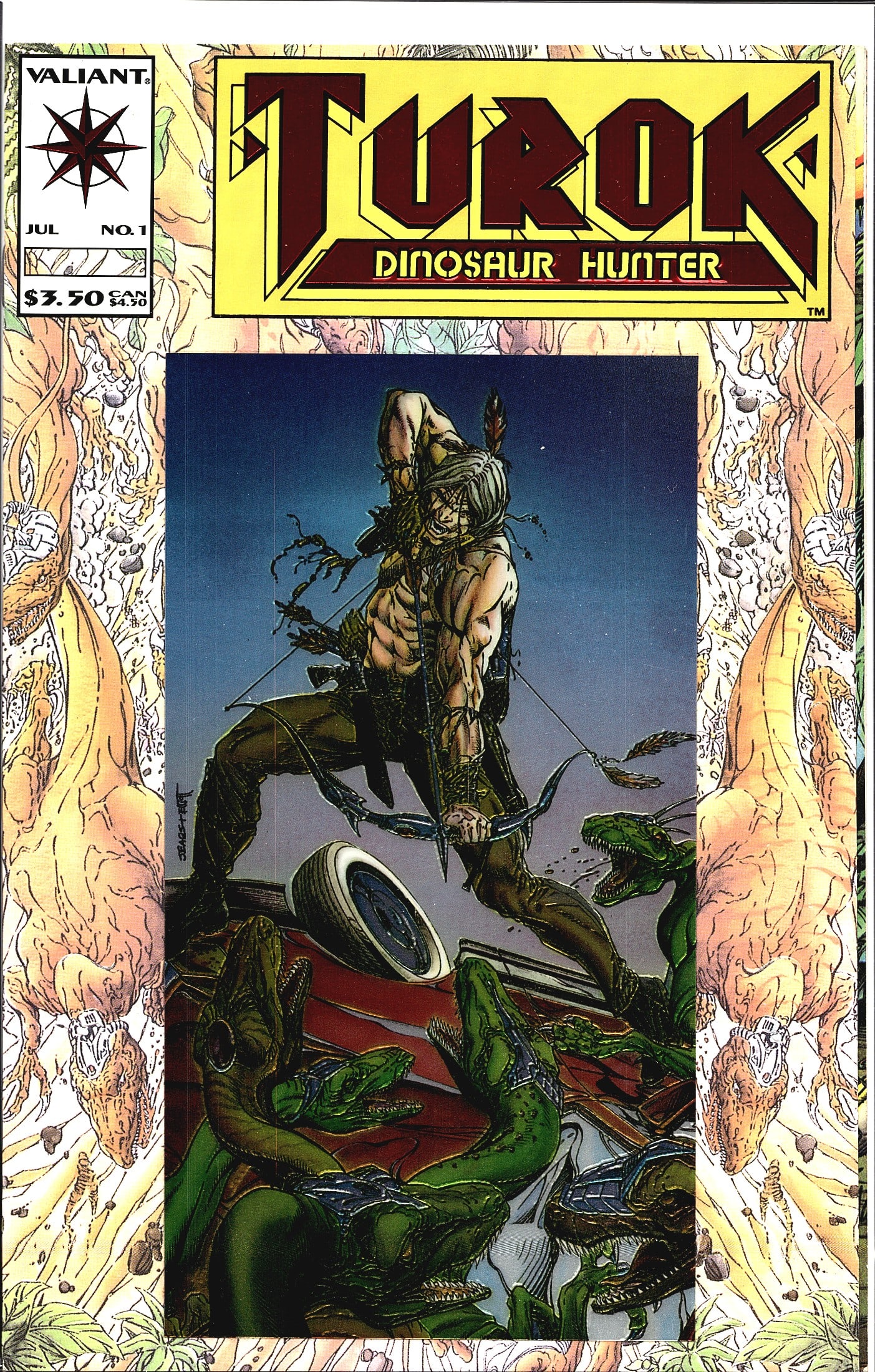1993 Valiant Turok Dinosaur Hunter #1 Chromium Co: This is issue #1 of Turok Dinosaur Hunter, published by Valiant Comics, dated July 1993. The cover features the iconic warrior Turok standing atop a wrecked vehicle while battling green reptilian crea