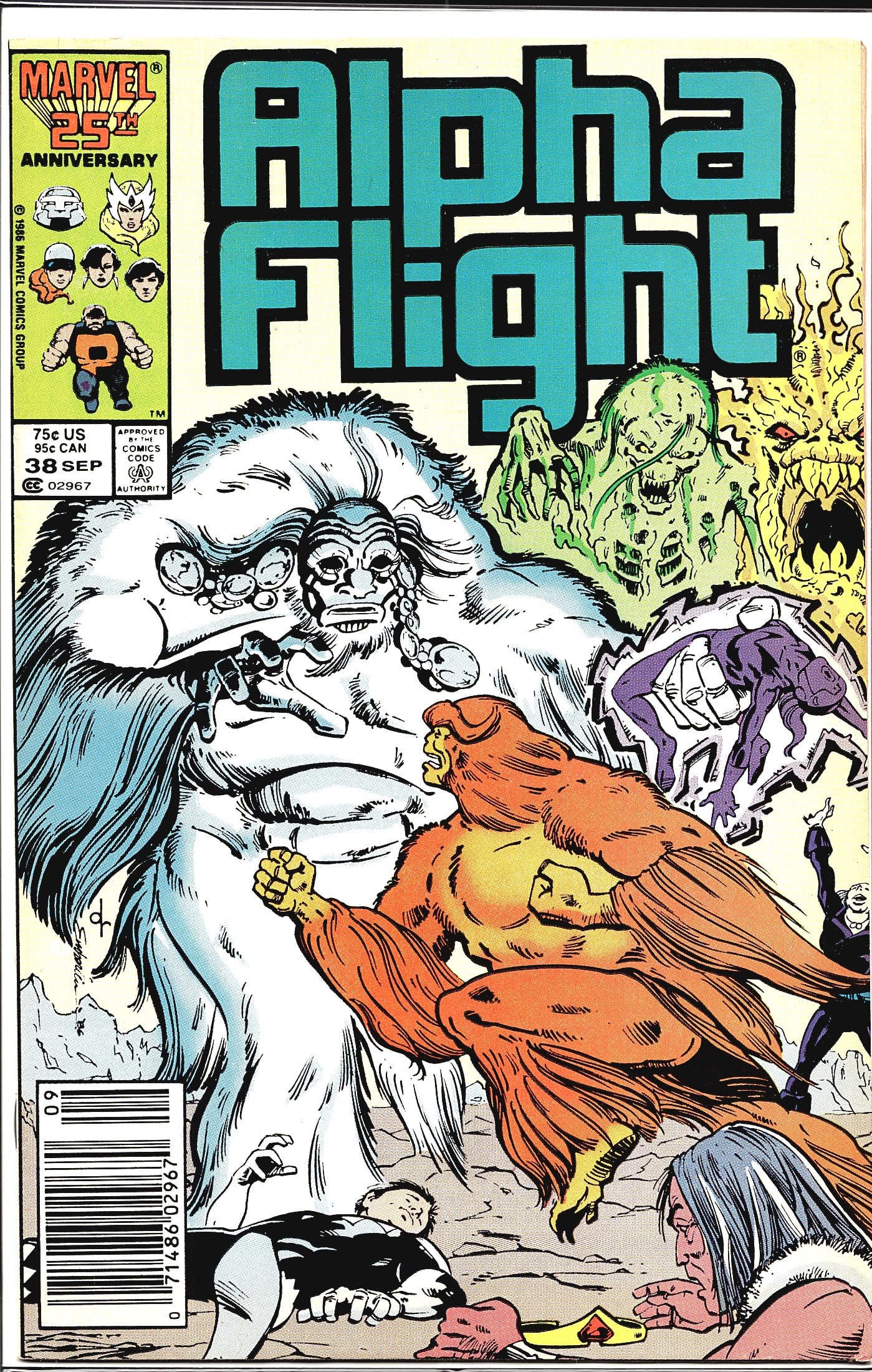 1986 Marvel Alpha Flight #38 Newsstand Edition Co: Alpha Flight #38, published by Marvel Comics Group in September 1986, celebrates Marvel's 25th Anniversary as indicated by the special banner logo in the upper left corner. The cover features a