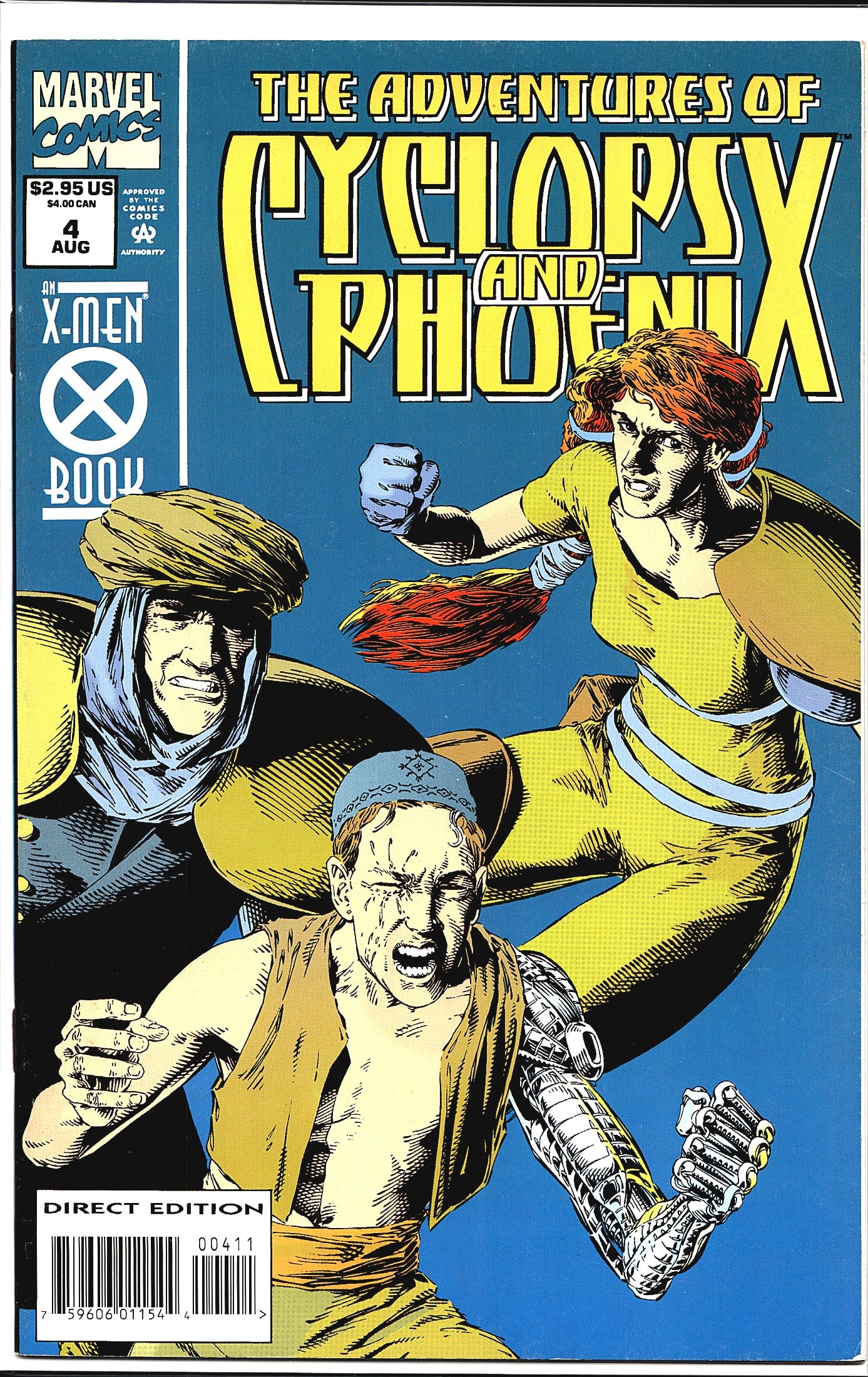 1994 Marvel Adventures of Cyclops and Phoenix #4: This is issue #4 of Marvel Comics' 'The Adventures of Cyclops and Phoenix,' published in August 1994 and priced at $2.95 US / $4.00 CAN. Labeled as an X-Men book, this is the Direct Edition,