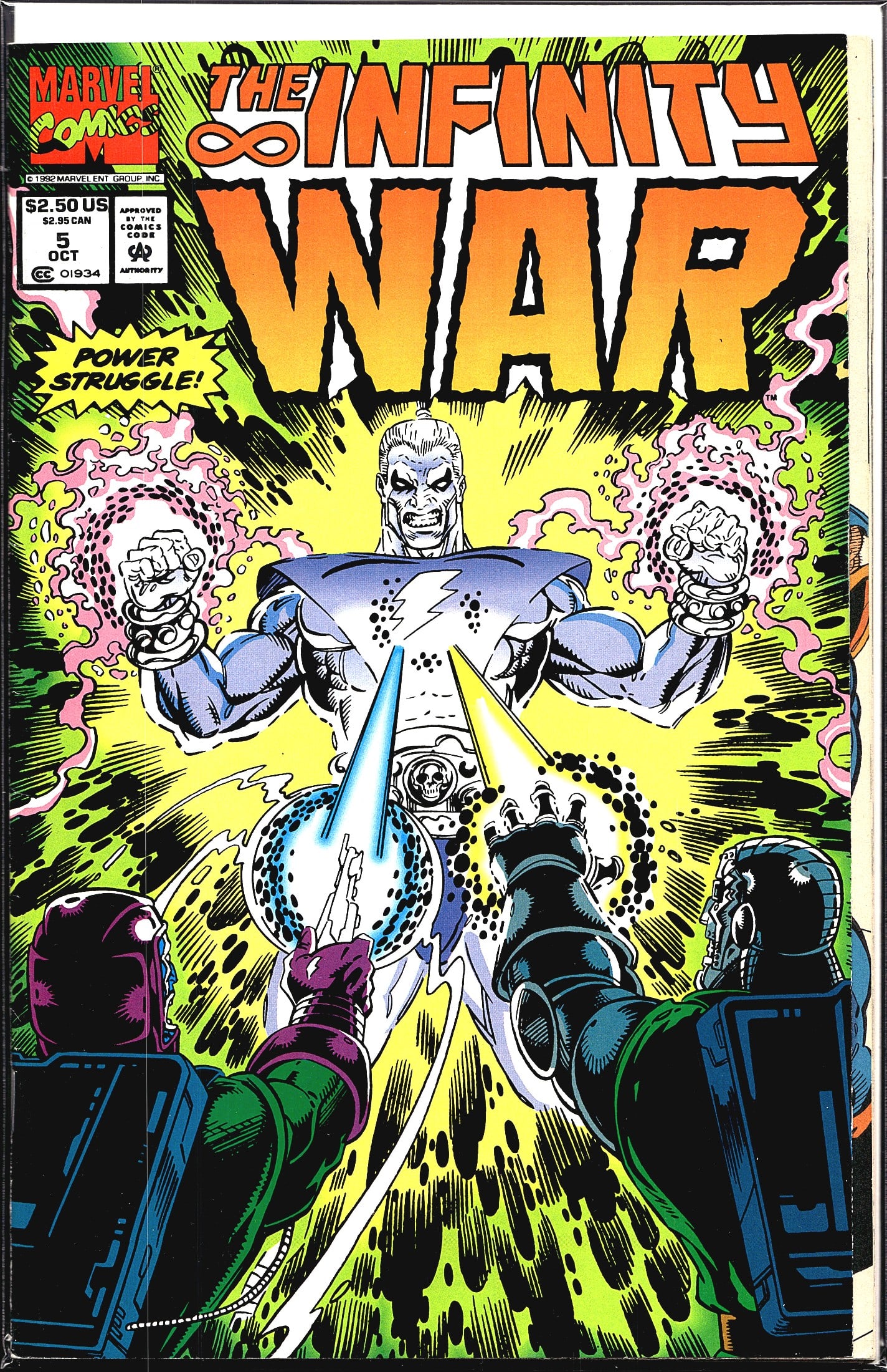 1992 Marvel The Infinity War #5 Power Struggle Co: This is issue #5 of The Infinity War, published by Marvel Comics in October 1992, priced at $2.50 US / $2.95 CAN. The cover features a powerful central figure radiating energy and holding smaller figu