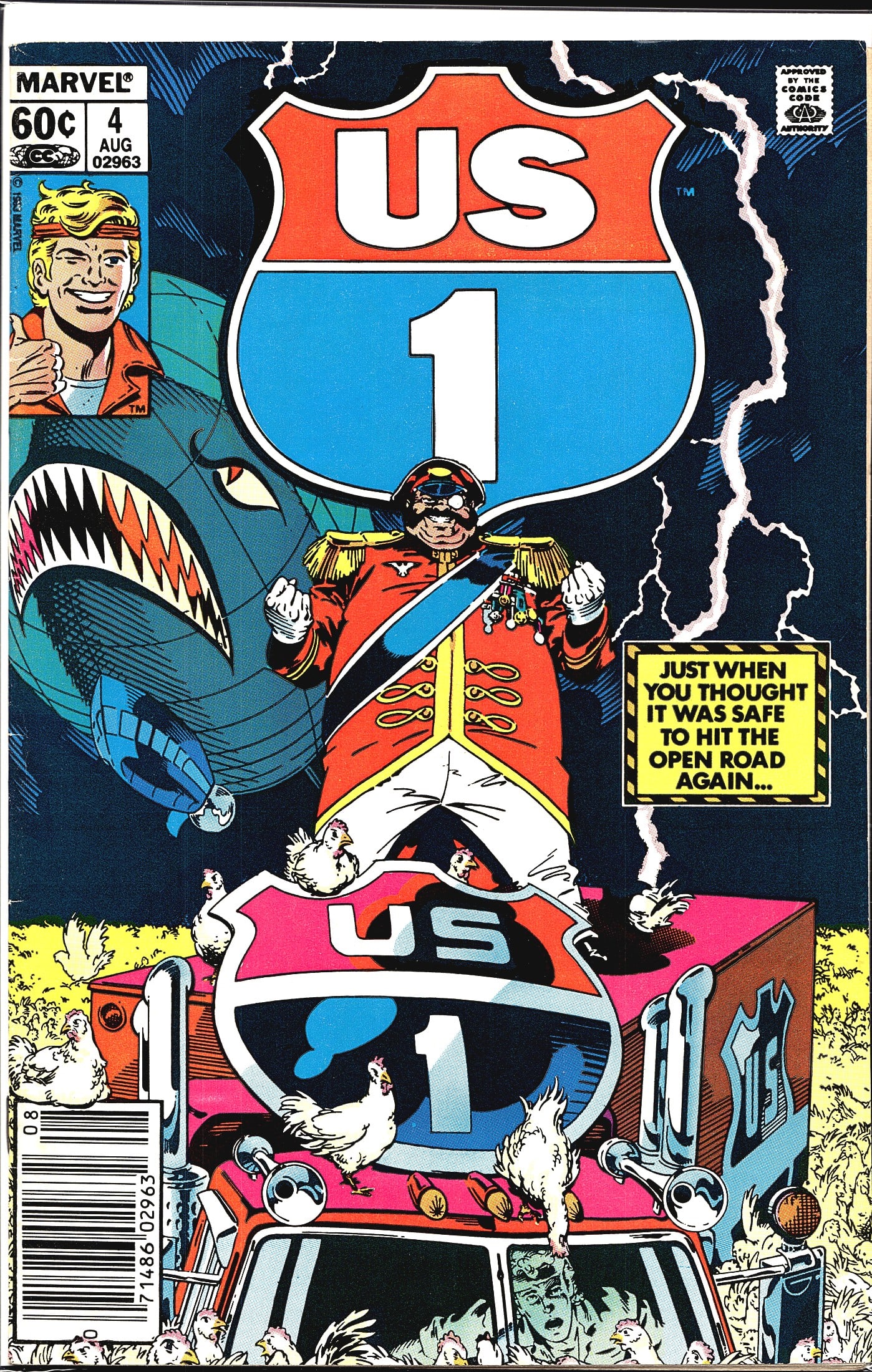 Marvel U.S. 1 #4 1983 Comic Book Issue: US 1 #4, published by Marvel Comics, cover dated August 1983, priced at 60 cents on the cover. This issue features a dramatic cover depicting a villain in a red military uniform standing atop a large