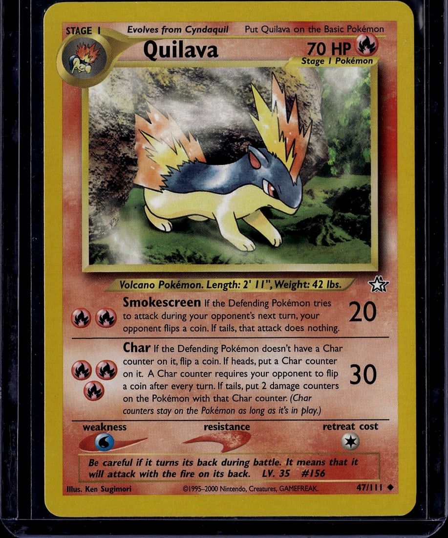 Quilava 47/111 Neo Genesis Pokemon Card Stage 1 V: This is an authentic Quilava Stage 1 Pokemon trading card from the Neo Genesis set, card number 47/111. Quilava is a Fire-type Volcano Pokemon that evolves from Cyndaquil, standing 2'11" and weighing 