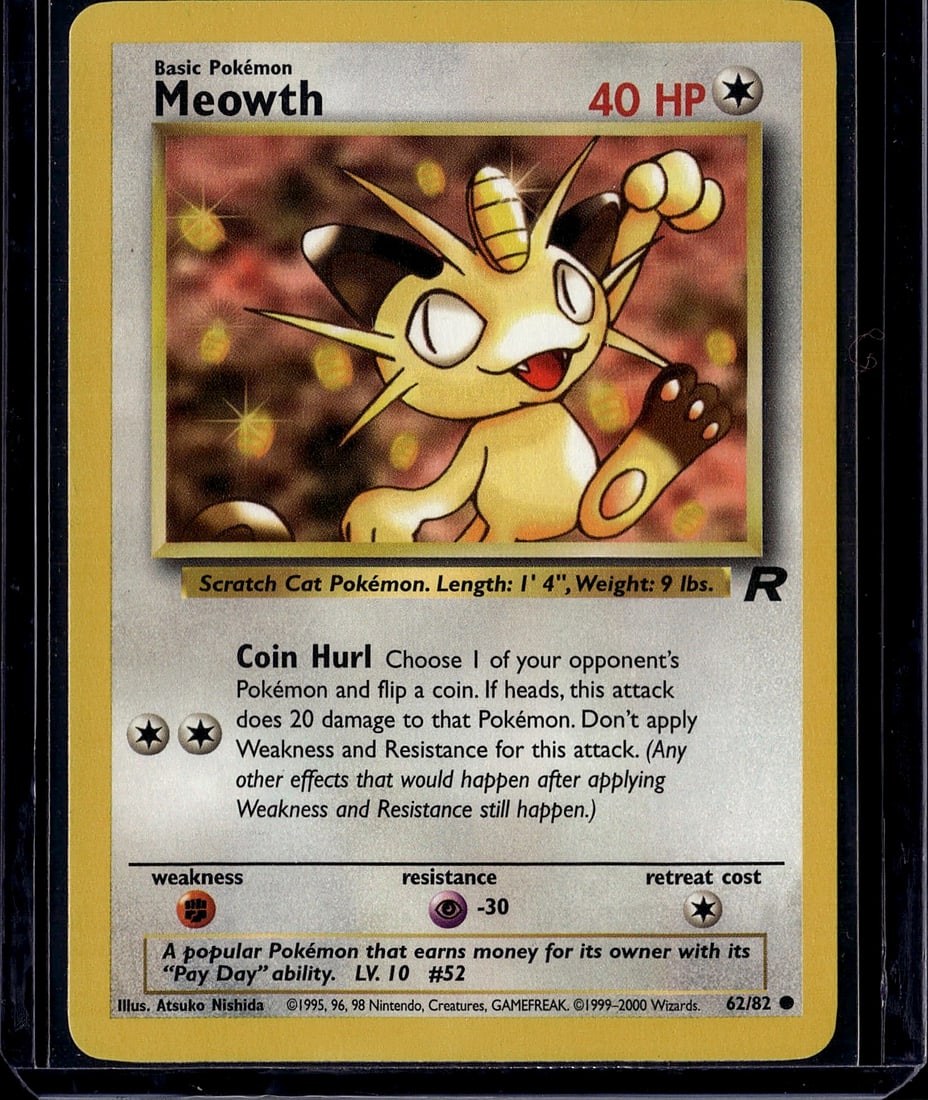 Meowth Base Set 52/82 Pokemon Card 1999 Wizards T: This is an original Meowth Pokemon trading card from the iconic Base Set, released by Wizards of the Coast in 1999. Card #52/82 features the Scratch Cat Pokemon with its distinctive attack "Coin Hurl,