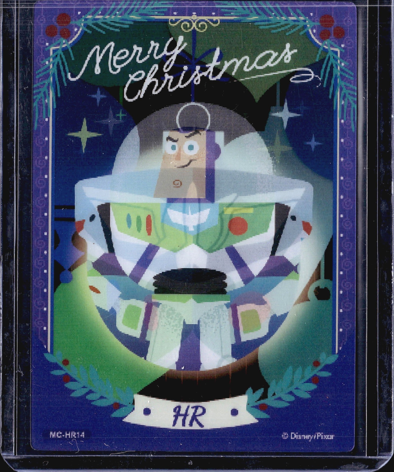 2023 CardFun Disney Pixar Merry Christmas Buzz Li: This is a Disney/Pixar licensed collectible card featuring Buzz Lightyear from the Toy Story franchise, styled as a festive Christmas ornament illustration. The card carries the number MC-HR14