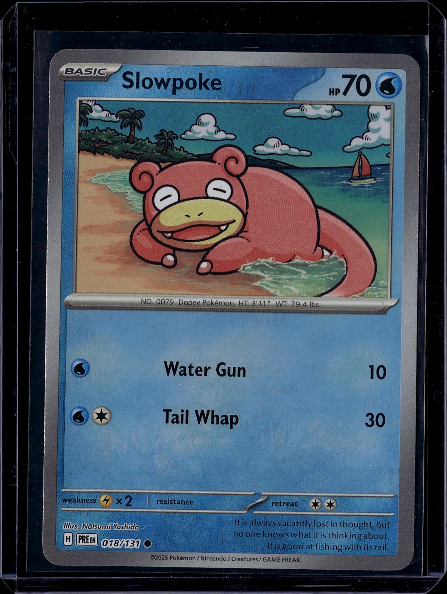 Slowpoke 018/137 Pokemon Scarlet & Violet Basic W: This is a raw Slowpoke Pokemon trading card from the Scarlet & Violet set, card number 018/137. The card features the iconic dopey Pokemon in its classic beach/water scene artwork, illustrated by