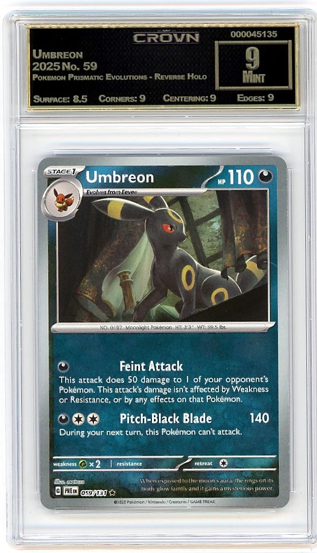2025 Umbreon Prismatic Evolutions #59 Reverse Hol: This is a 2025 Umbreon card from the Pokemon Prismatic Evolutions set, card number 59, featuring reverse holographic treatment. As a modern Pokemon card from the latest release cycle, it represents