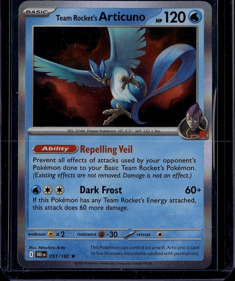 Team Rocket's Articuno 051/182 Scarlet Violet Pok: This is a raw Pokemon single from the Scarlet & Violet set featuring Team Rocket's Articuno, a Basic Water-type Pokemon with 120 HP. Card number 051/182 showcases vibrant artwork by illustrator