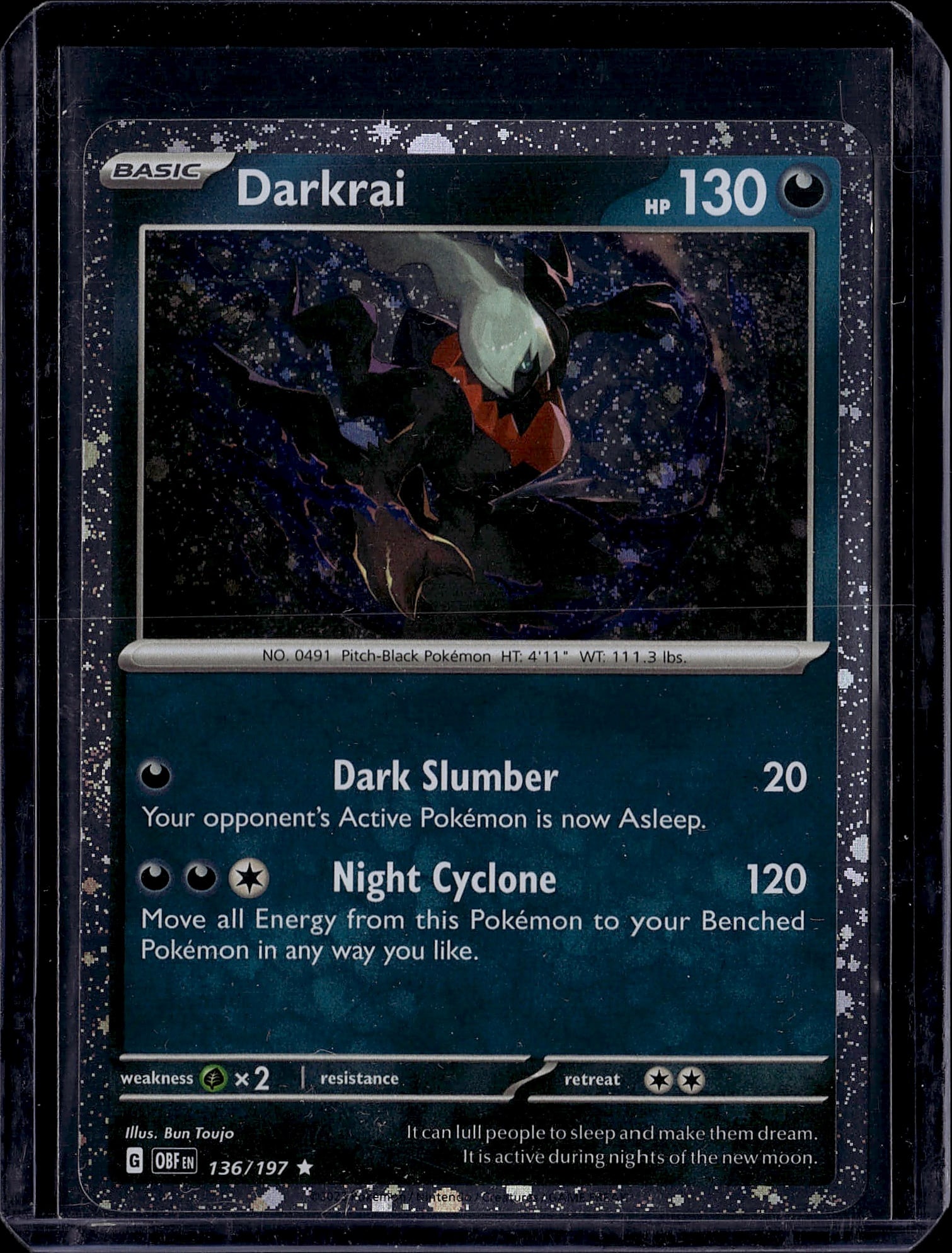 Darkrai 136/197 HeartGold SoulSilver Holo Pokemon: This is a raw Darkrai Holo Pokemon card from the HeartGold & SoulSilver set (2010), card number 136/197. Darkrai is a Pitch-Black Pokemon with 130 HP and features two attacks: Dark Slumber (20