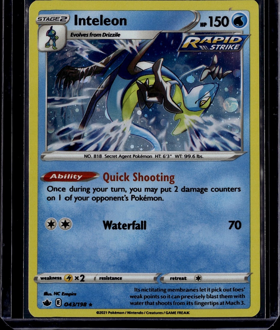 Inteleon 043/198 Chilling Reign Pokemon Card Stag: This is a raw Pokemon single from the Chilling Reign set (2021), featuring Inteleon, the Secret Agent Pokemon. Card number 043/198, this is a Stage 2 Water-type evolution of Drizzile with 150 HP. The