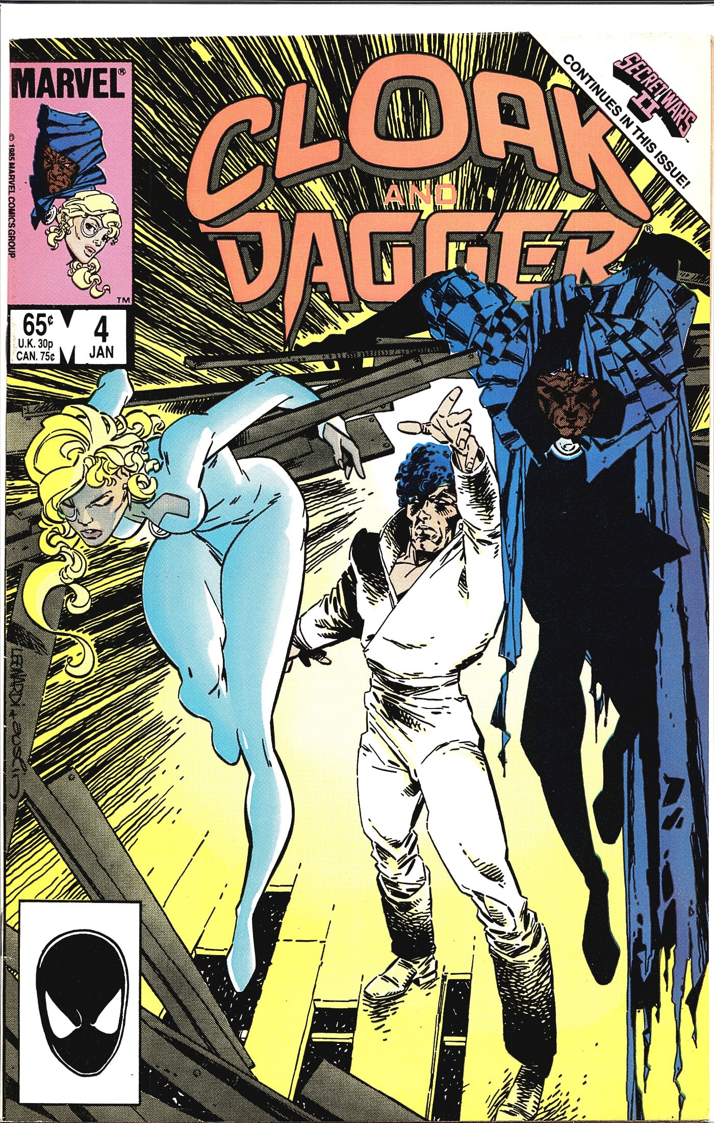 1985 Marvel Cloak and Dagger #4 Secret Wars II Co: This is issue #4 of Marvel Comics' Cloak and Dagger series, published in January 1985 and priced at 65 cents (U.K. 30p / Canada 75 cents). The cover prominently features Dagger in her white costume,