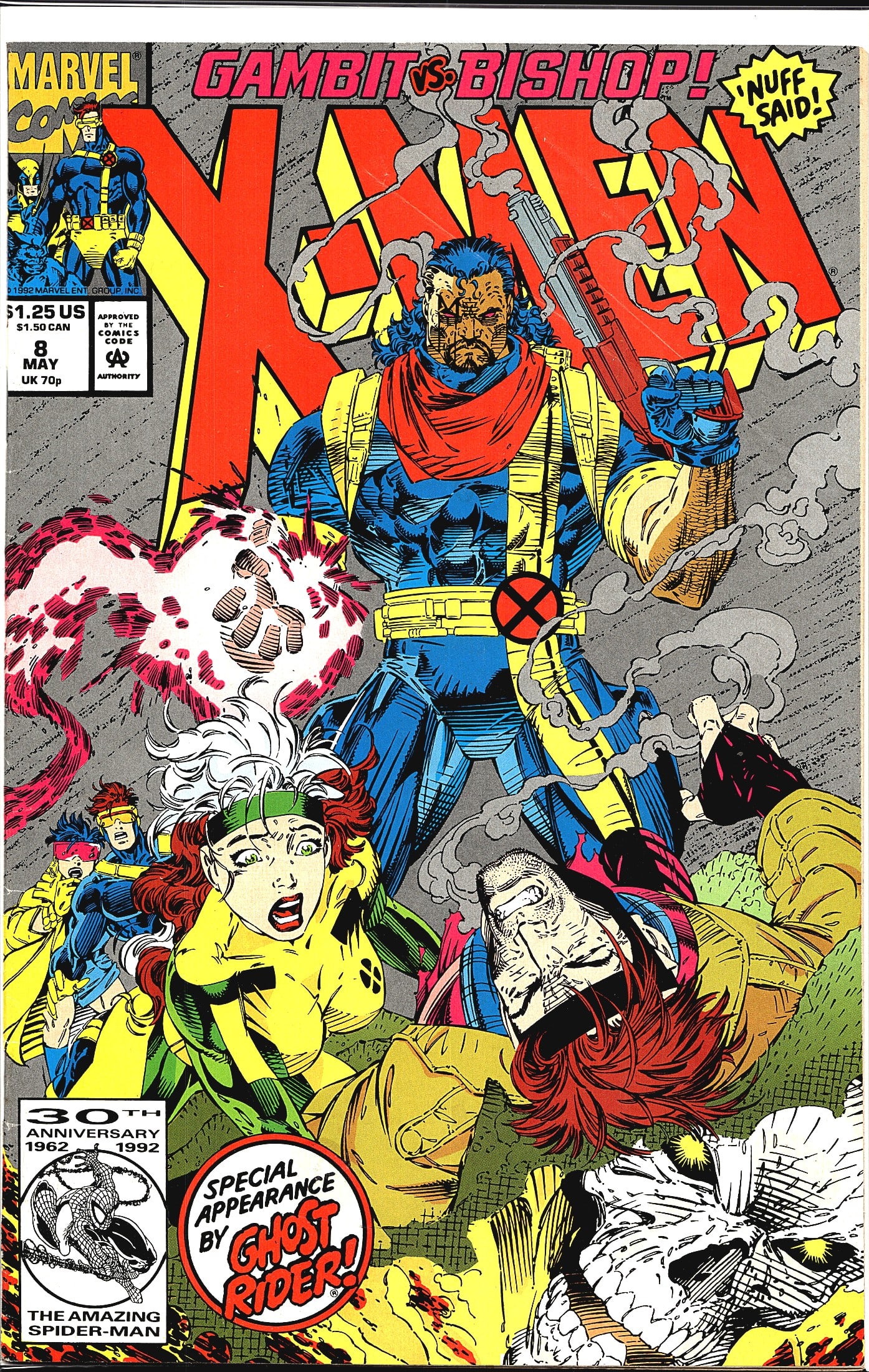 1992 Marvel X-Men Comic Card #8 Collectible: X-Men #8 from Marvel Comics, cover dated May 1992, priced at $1.25 US / $1.50 CAN / 70p UK. This issue features the headline matchup 'Gambit vs. Bishop!' with a 'Nuff Said! stamp, and prominently disp